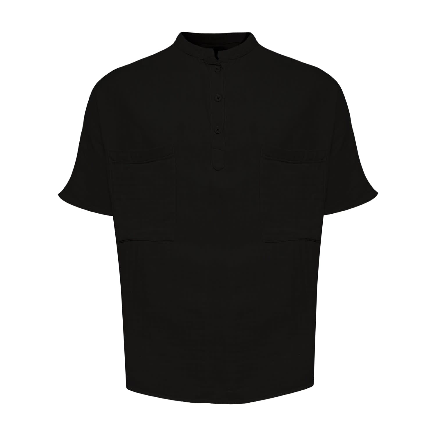 Black linen chinese collar Shirt with chest pocket