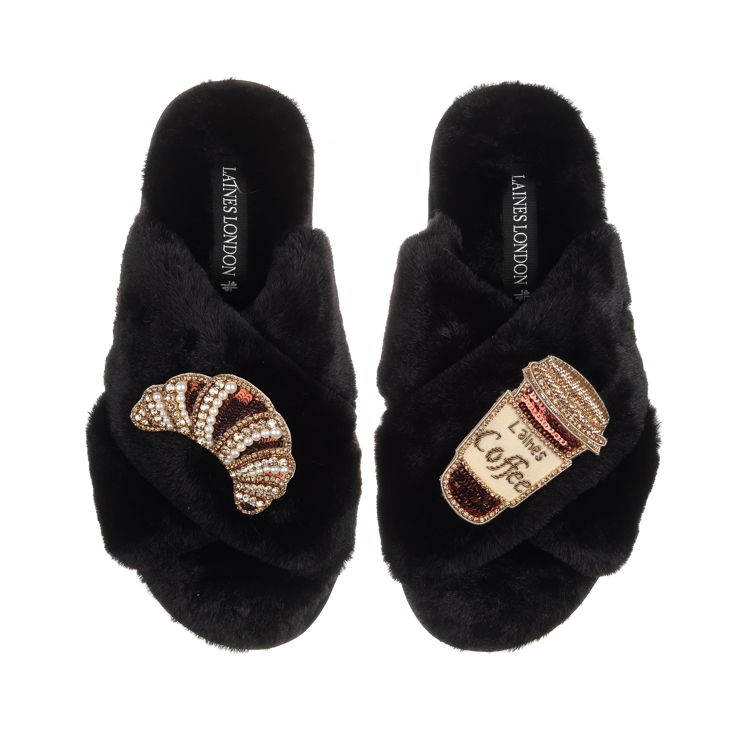 Laines London Women's Classic Laines Slippers With Coffee Cup & Croissant Brooches - Black In Black