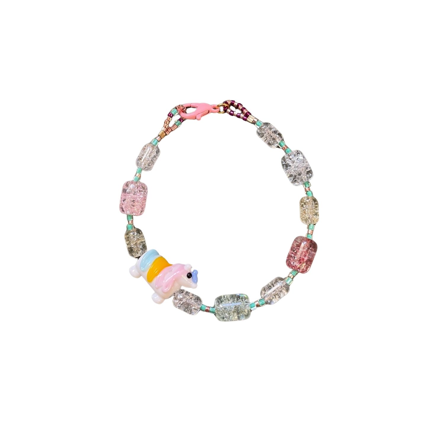 Desert Lobby Women's Pink / Pink / Purple Unicorn – Pink Toned Beaded Bracelet With Murano Glass Unicorn Charm, M In Multi