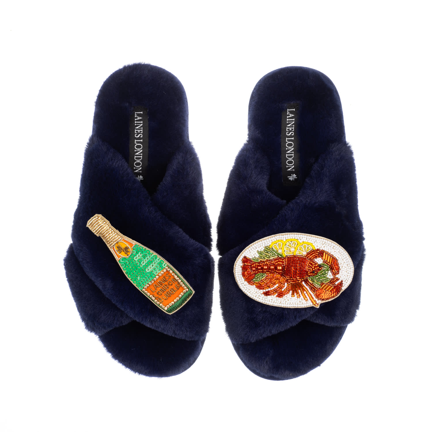 Laines London Women's Blue Classic Laines Slippers With Lobster Platter & Champagne Bottle Brooches - Navy In Blue