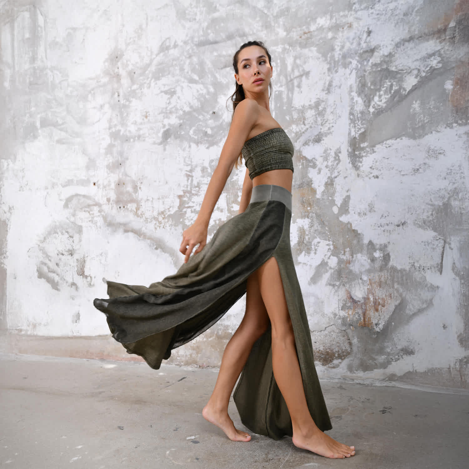 Zhe Skirt Boho High Slit Maxi Skirt - Khaki Green | Zhenabia