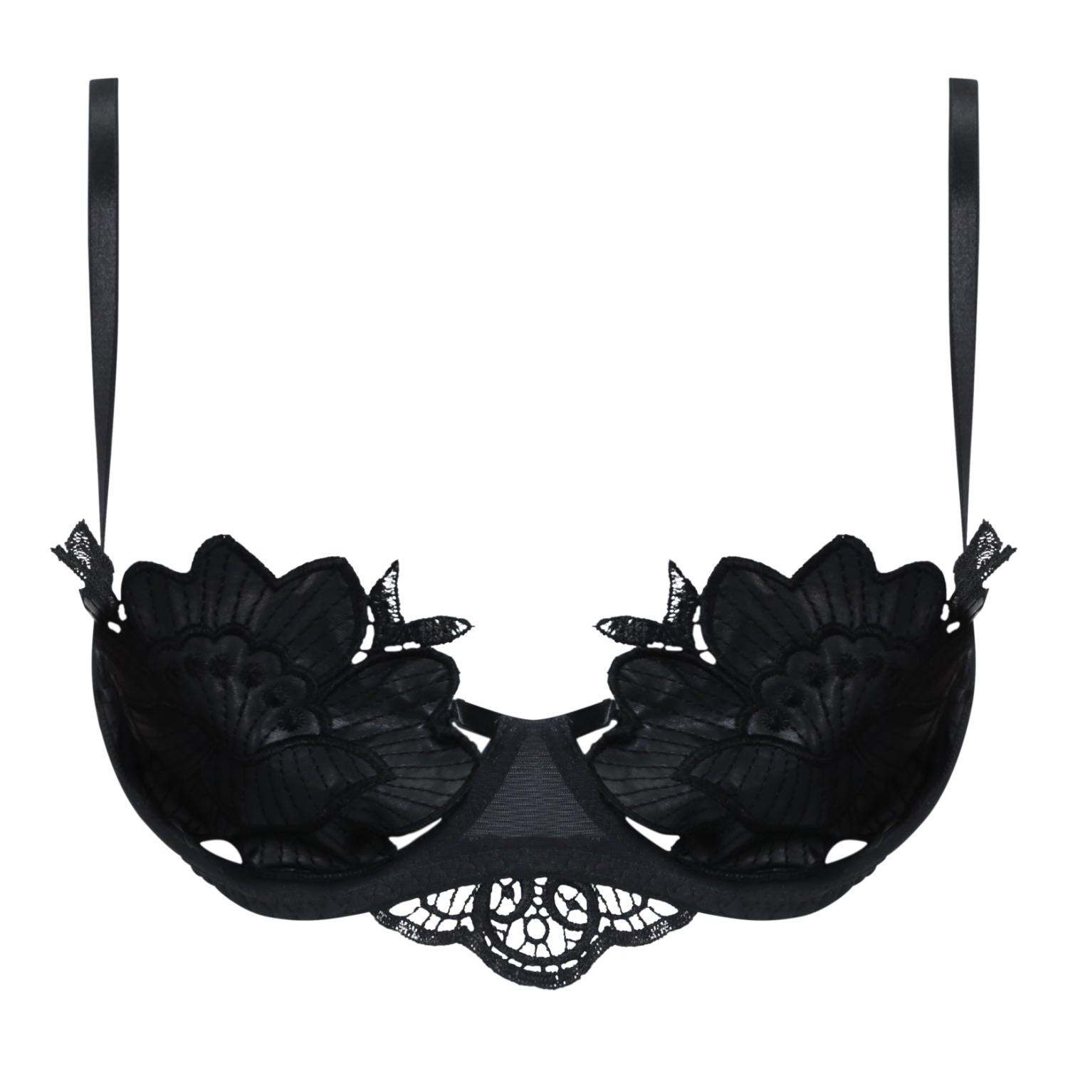 Women's Bisoux Leatherette Black Rose Bra | Large | Belle-Et-Bonbon