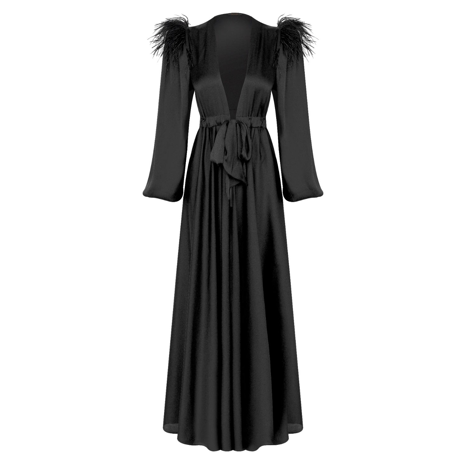 Women’s Black Feather Trimmed Maxi Satin Robe With Bishop Sleeves Small X Intima
