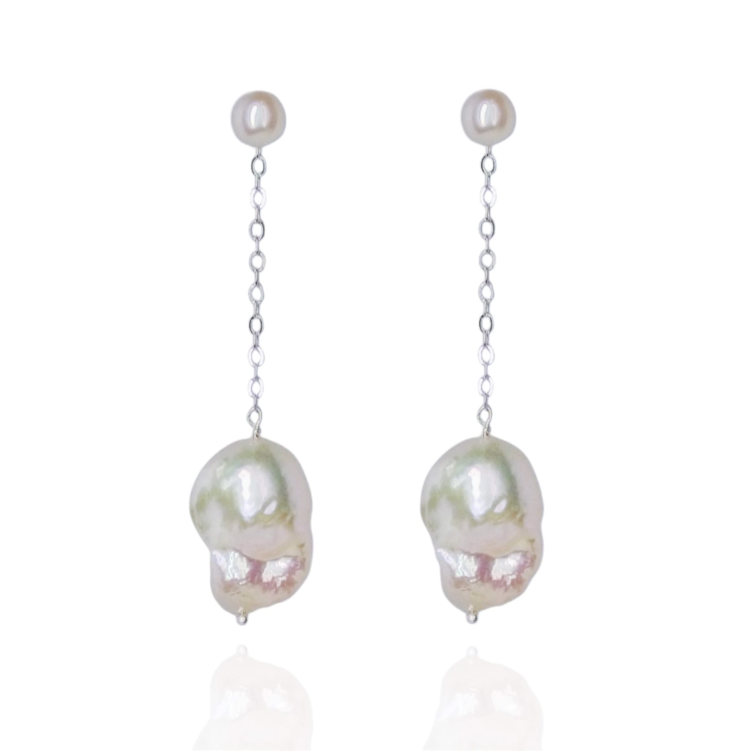 Baroque Pearl Drop Silver Chain Earrings | Ninemoo | Wolf