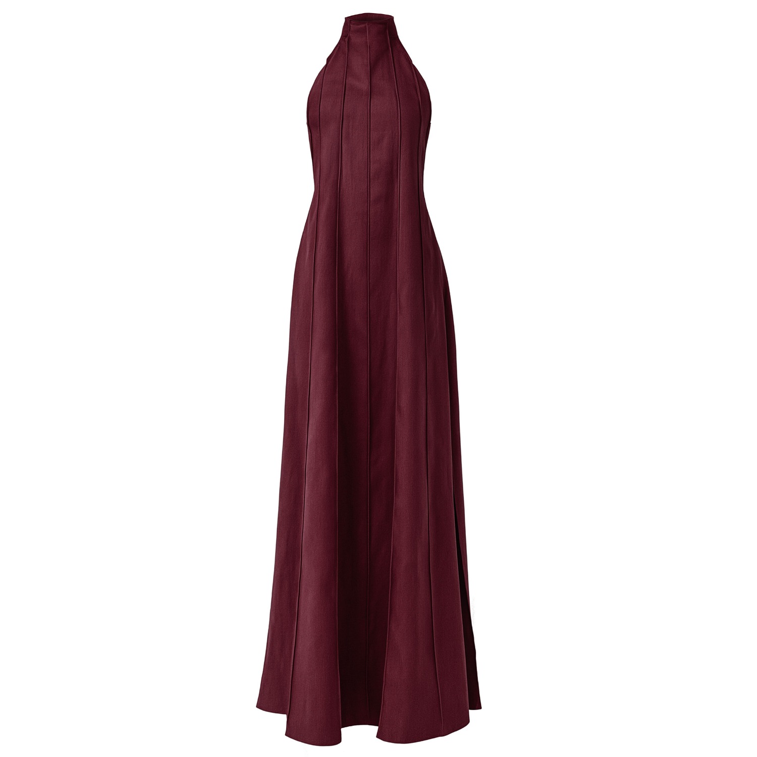 Kargede Women's Burgundy Red Linen Maxi Dress – Pleated Designer Halter Gown In Red