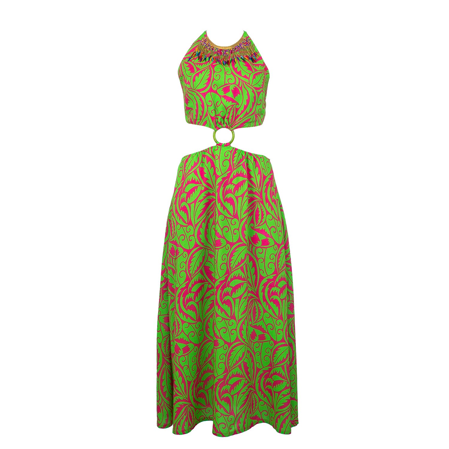 Lalipop Design Women's Green Halter Neck Midi Dress With Cut-out Details - Leaf Print