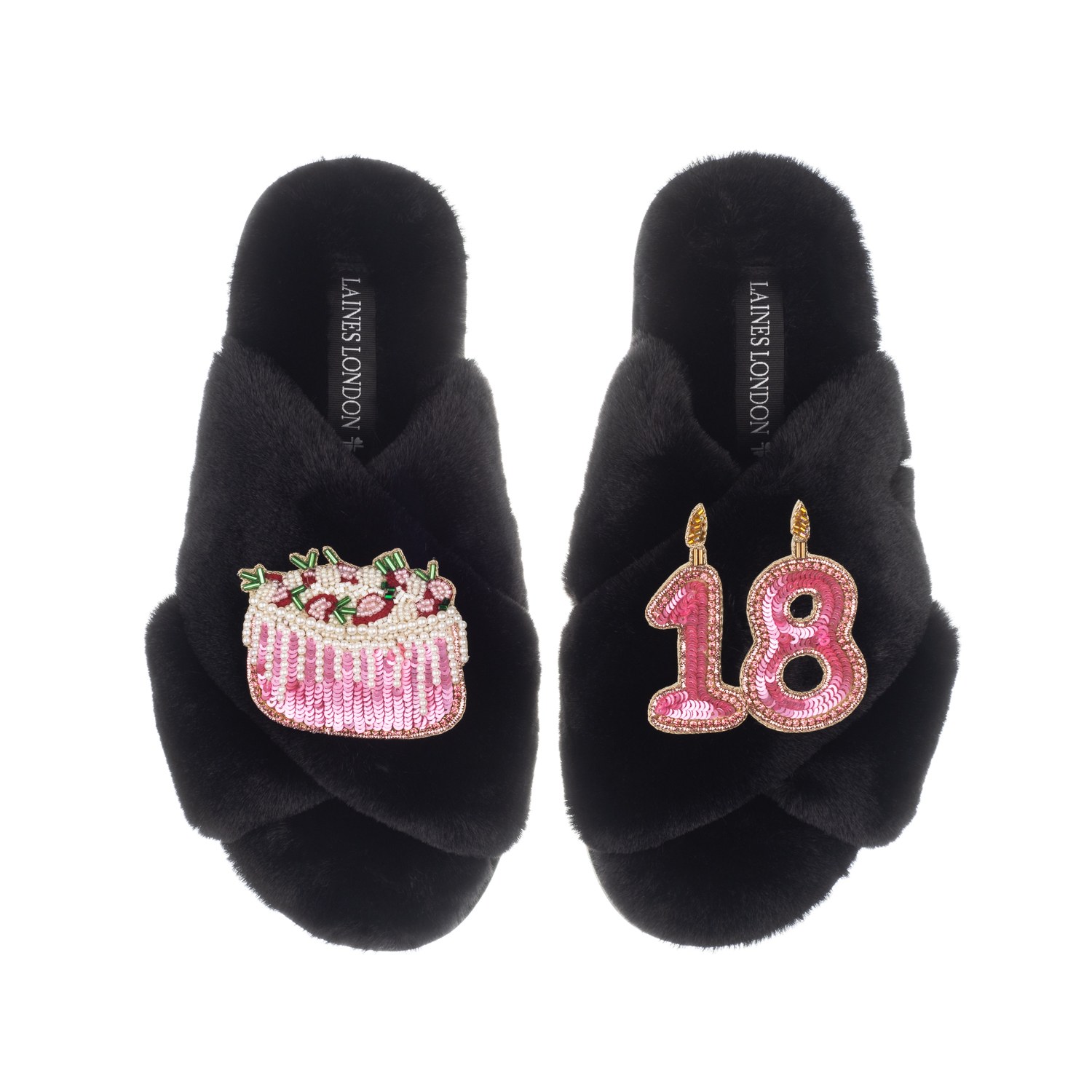 Women’s Classic Laines Slippers With 18Th Birthday & Cake Brooches - Black Extra Large Laines London