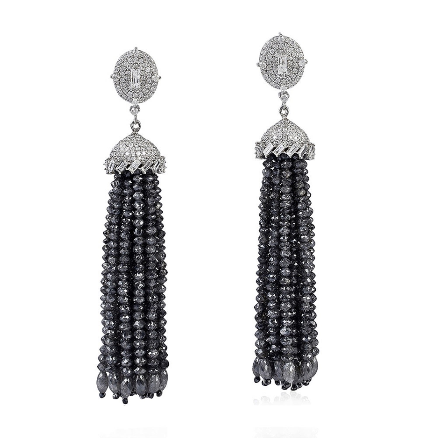 Women’s Black / White Black Diamond Beads Tassel Earrings 18K White Gold 925 Sterling Silver Artisan