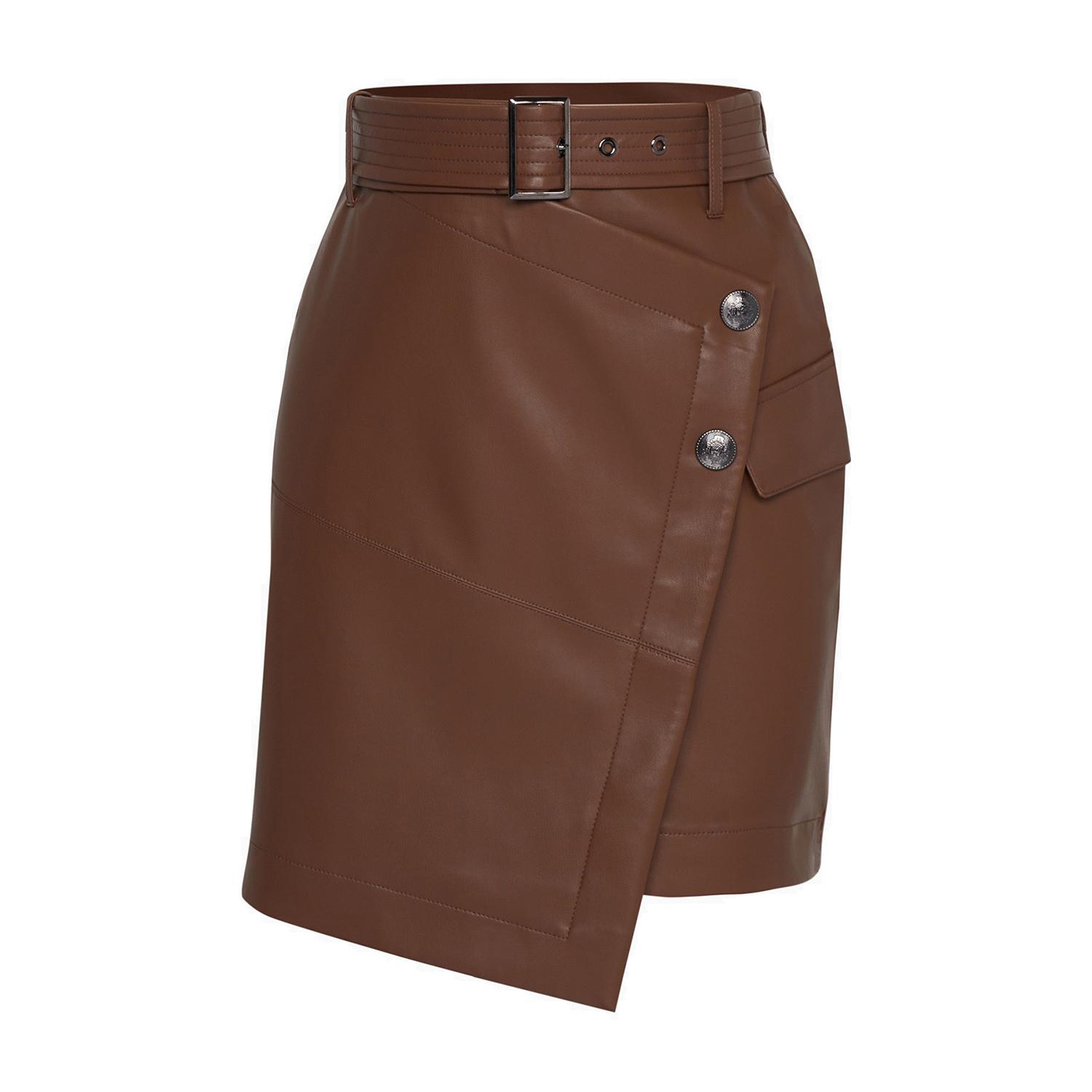 Women’s Asymmetric Cut Belted Brown Faux Leather Skirt Small Rue Les Createurs