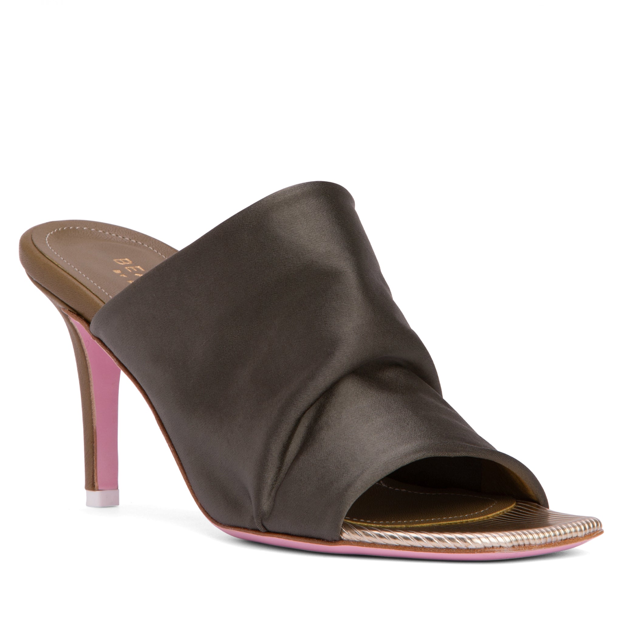 Beautiisoles By Robyn Shreiber Made In Italy Women's Green Lana Khaki Stiletto Mule Comfortable & Dressy Stretch Satin For Beach & Pool Slide San In Green