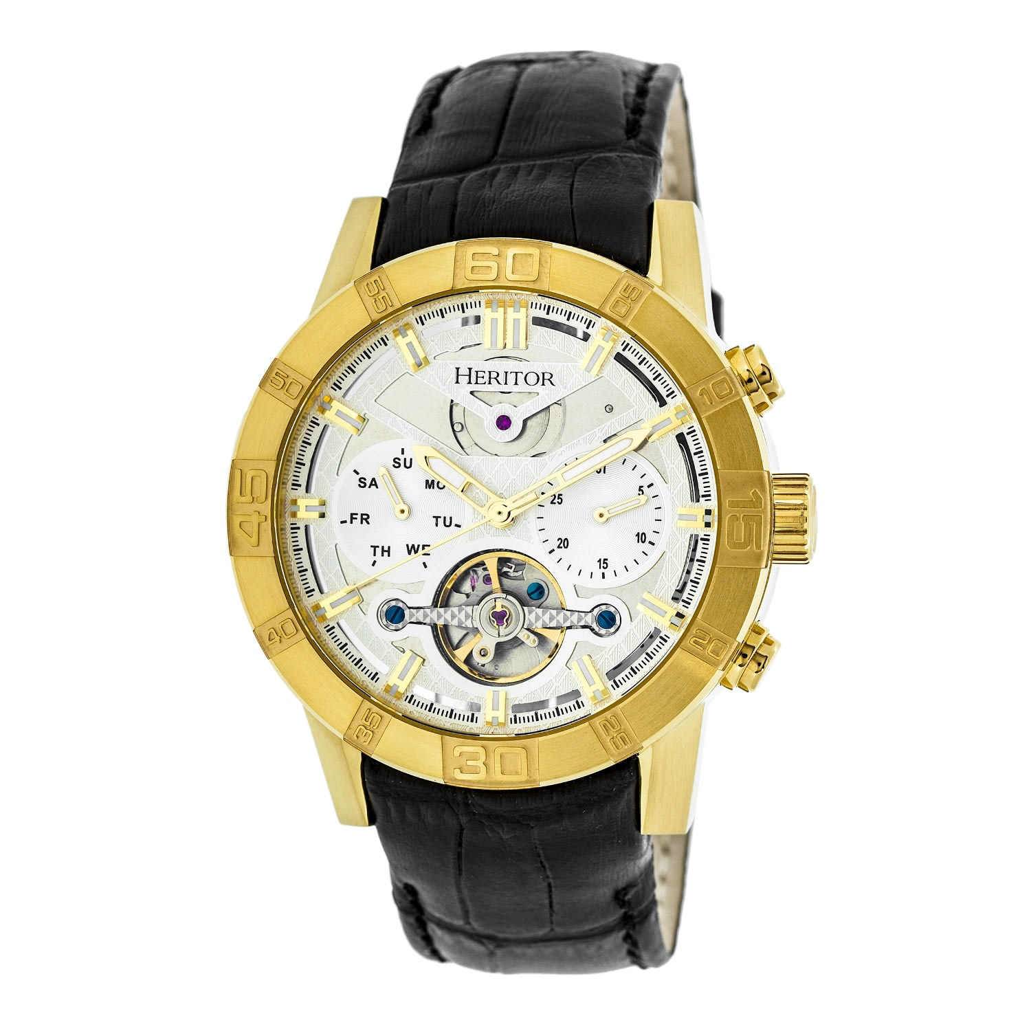 Men’s Silver / Gold Hannibal Semi-Skeleton Leather-Band Watch With Day And Date - Gold, Silver One Size Heritor Automatic