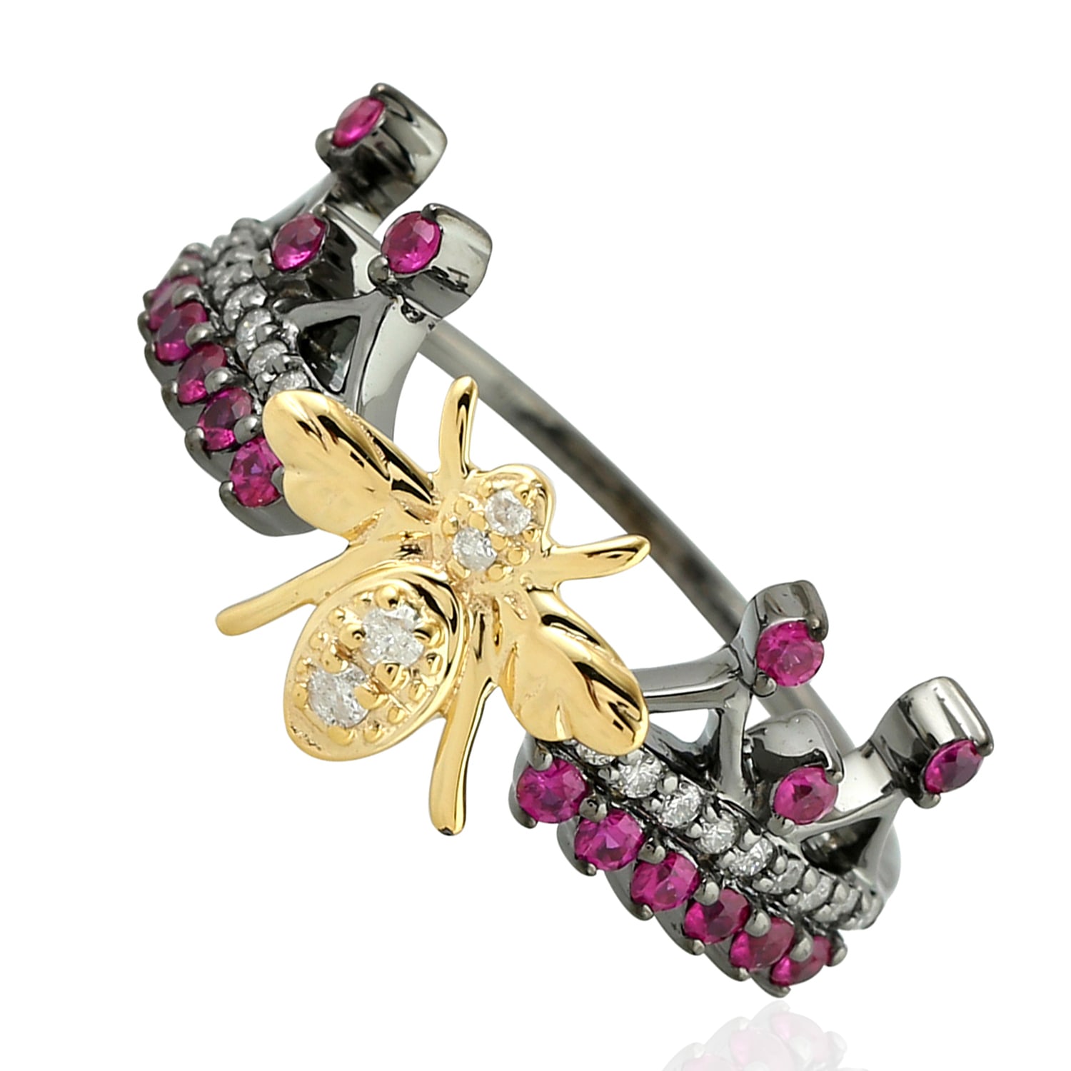 Women’s Gold / Red Tiara Design Band Ring Housefly In Prong Ruby & Natural Diamond In 18K Gold Artisan