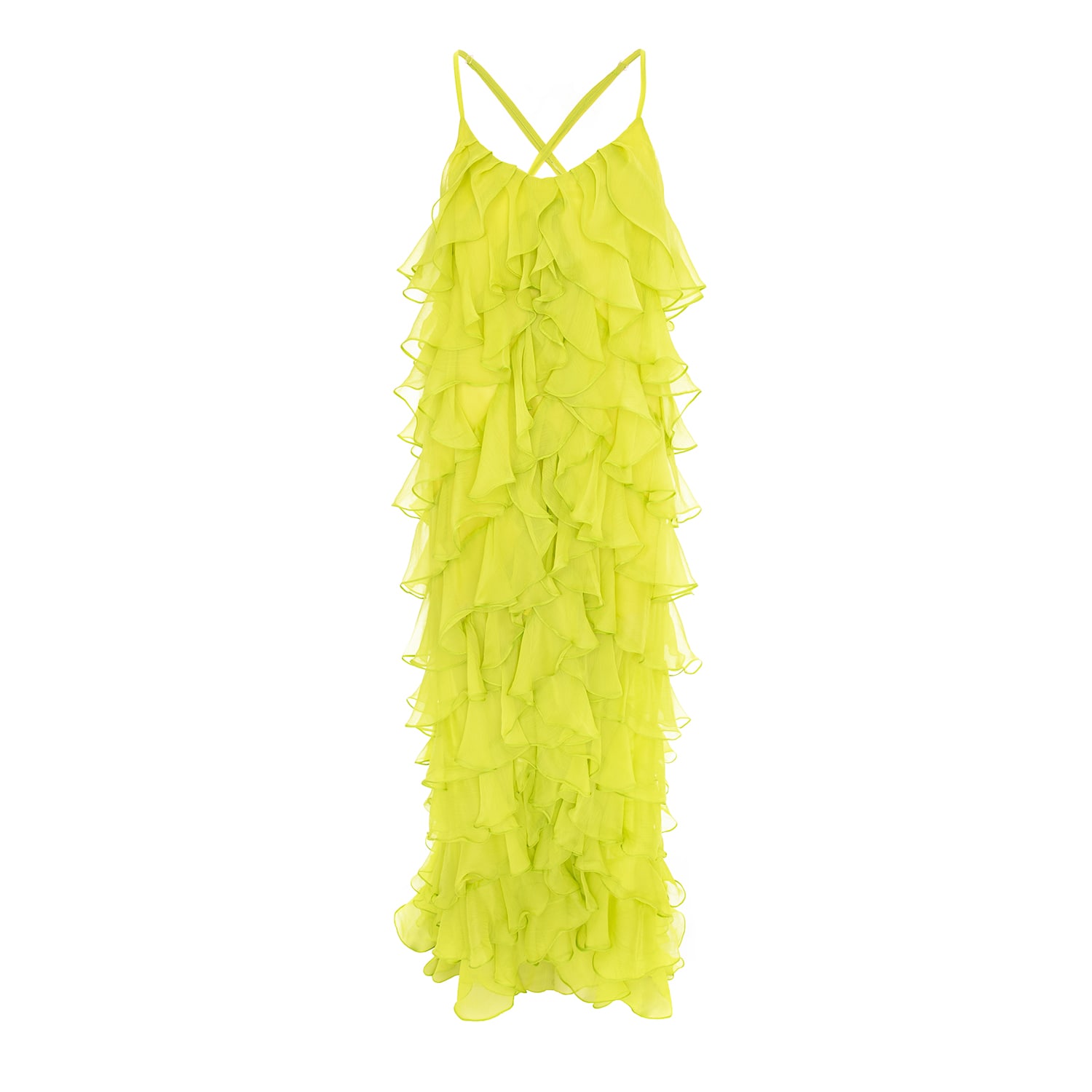 Monarh Women's Green Lucky Lime Silk Maxi Dress  With Ruffles And Open Back In Green