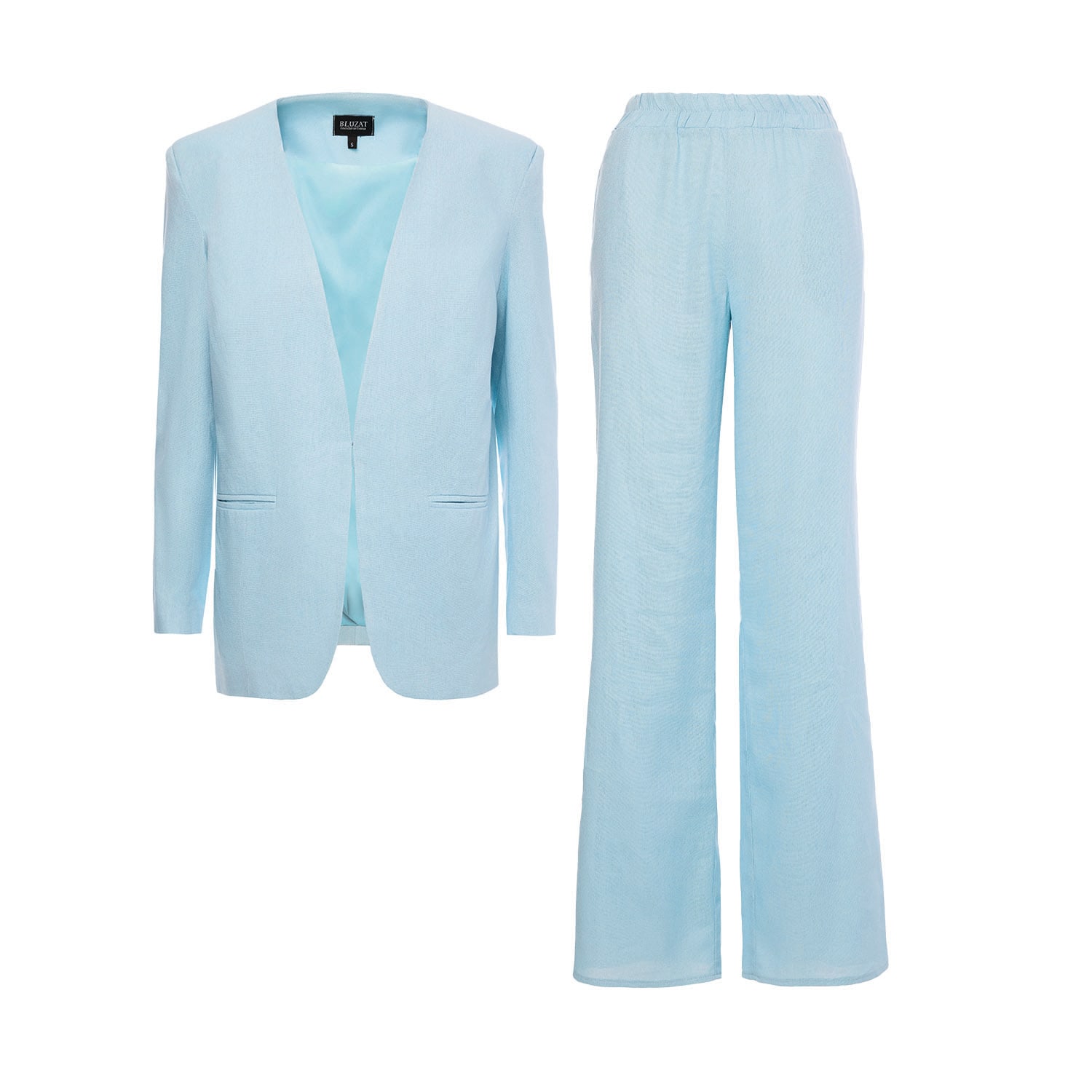 Bluzat Women's Baby Blue Linen Suit With Blazer And Straight Trousers In Blue