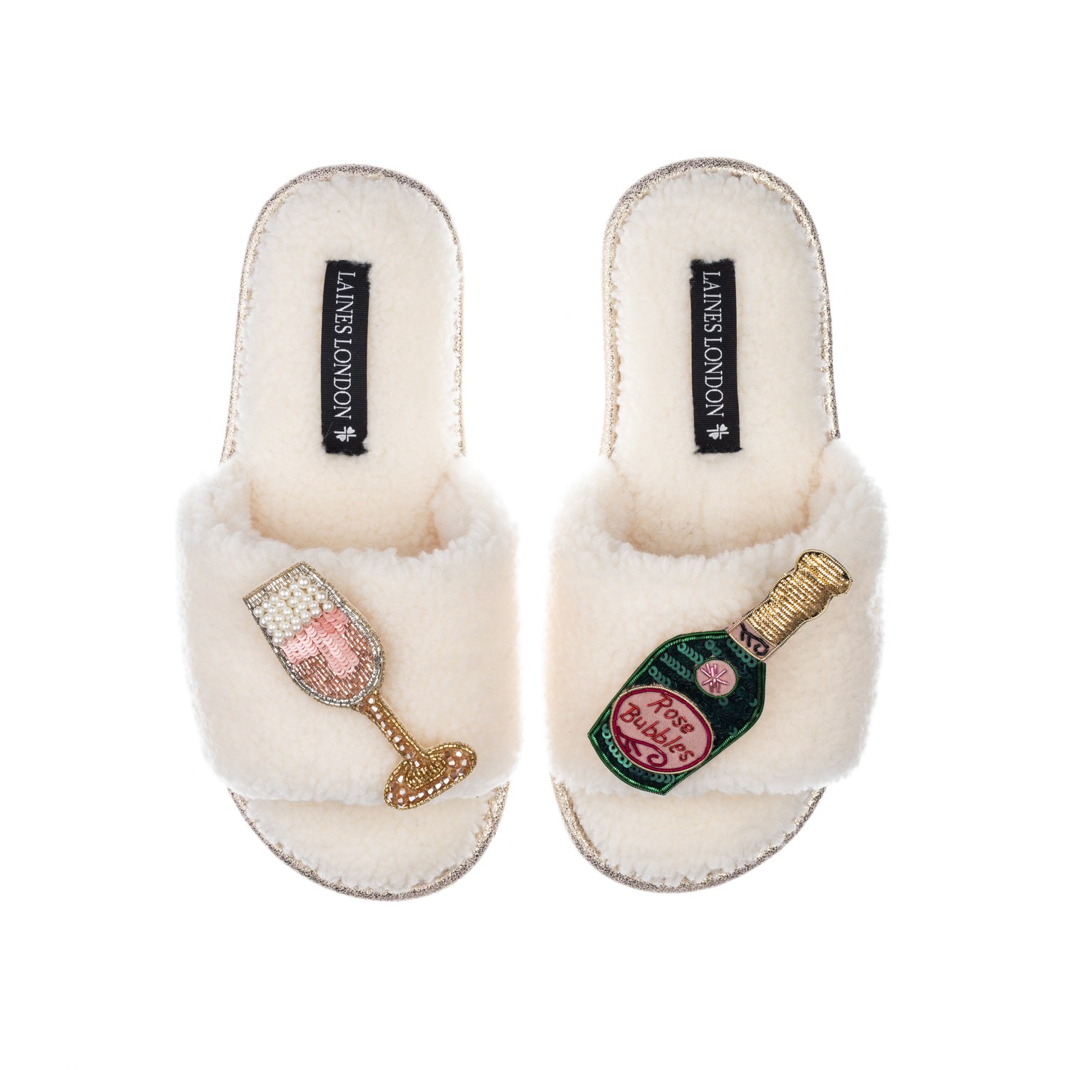 Laines London Women's White Teddy Towelling Slipper Sliders With Pink Champagne Brooches - Cream In White