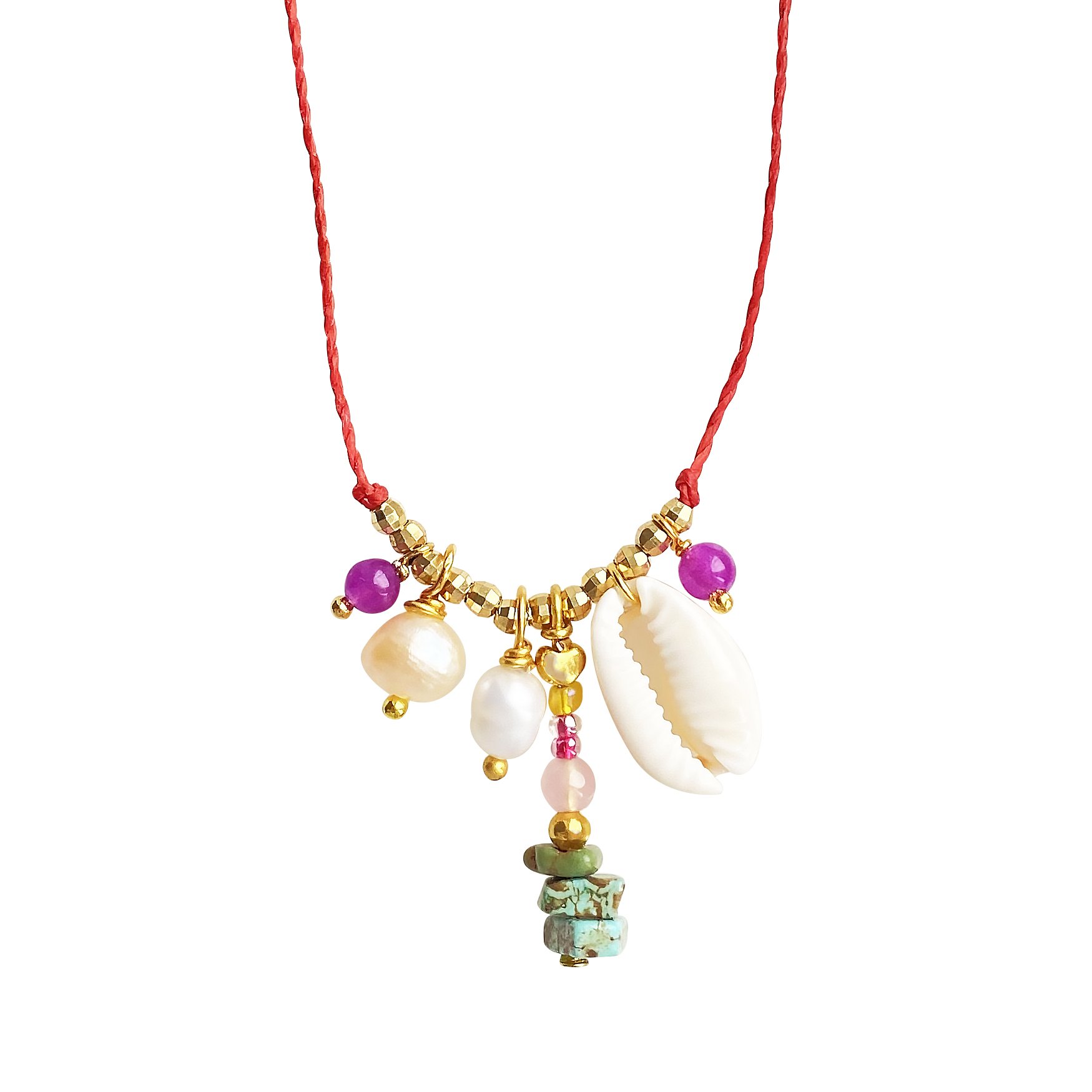 Smilla Brav Women's Red / Gold / White Cowrie Pearl Turquoise Necklace Kaira In Multi