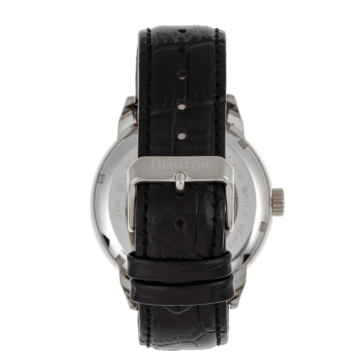 Sanford Semi Skeleton Leather Band Watch Black Silver Heritor Automatic Wolf Badger