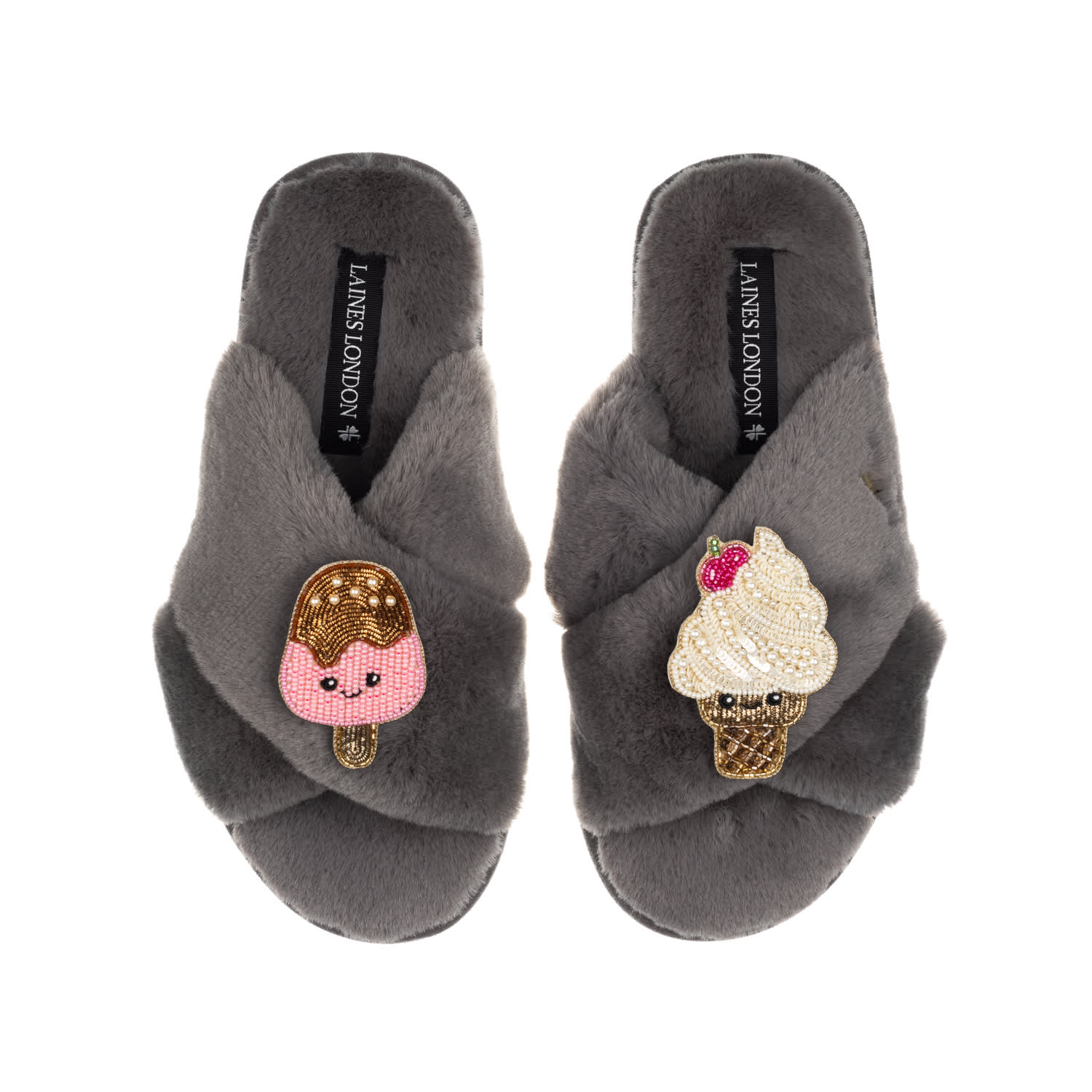 Laines London Women's Classic Slippers With Laines Loveables Ice Lolly & Ice Cream Brooches - Grey In Grey