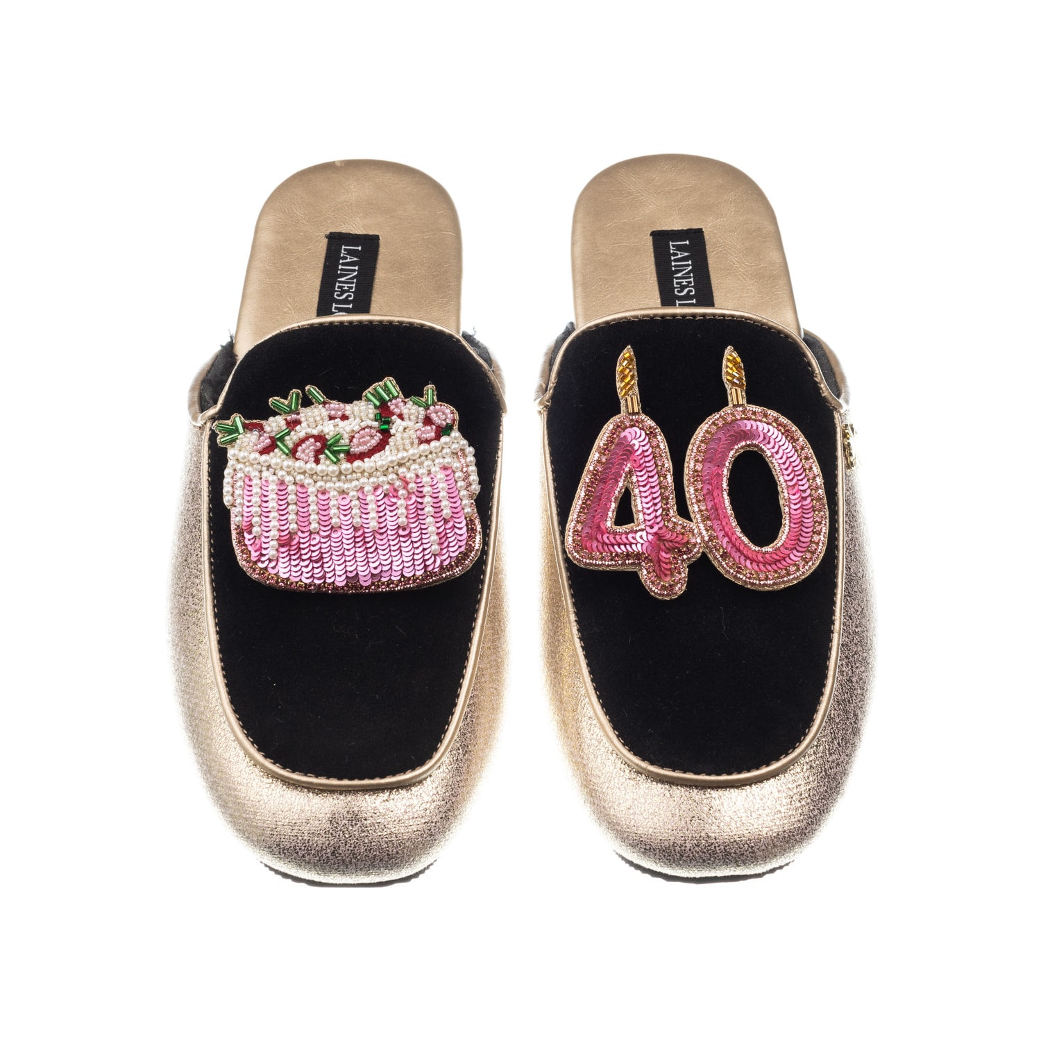 Laines London Women's Black / Gold Classic Mules With 40th Birthday & Cake Brooches - Black & Gold In Multi