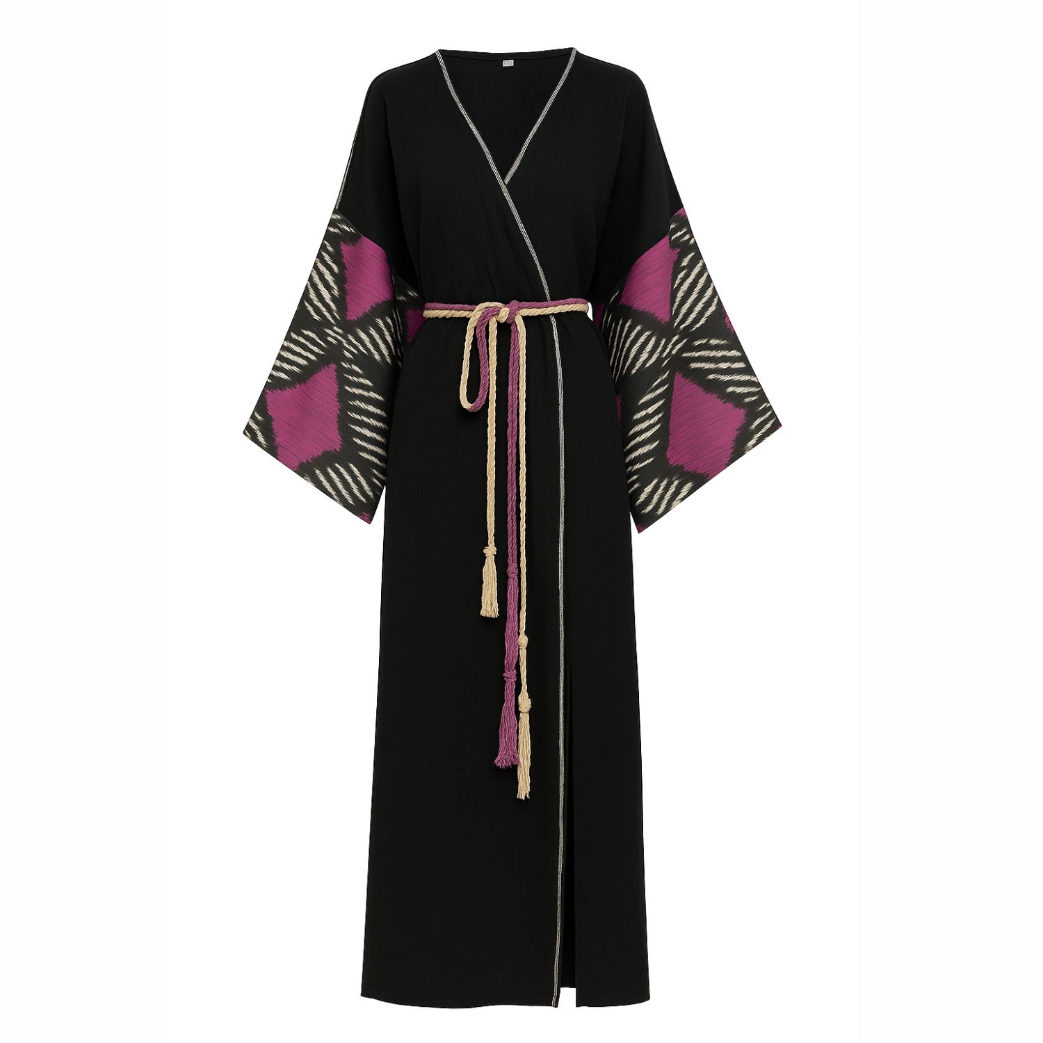 Ikatique Women's Black / Purple Handcrafted Silk-cotton Black Ikat Kimono With Magenta Star Sleeves