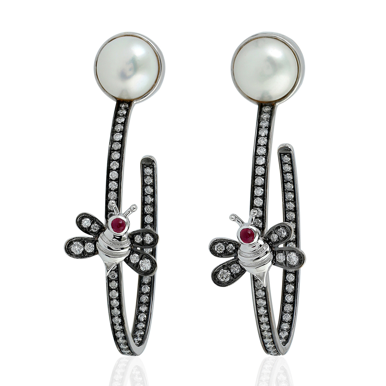 Artisan Women's Ruby & Pearl Pave Diamonds In White Gold Honey Bee Hoop Earrings