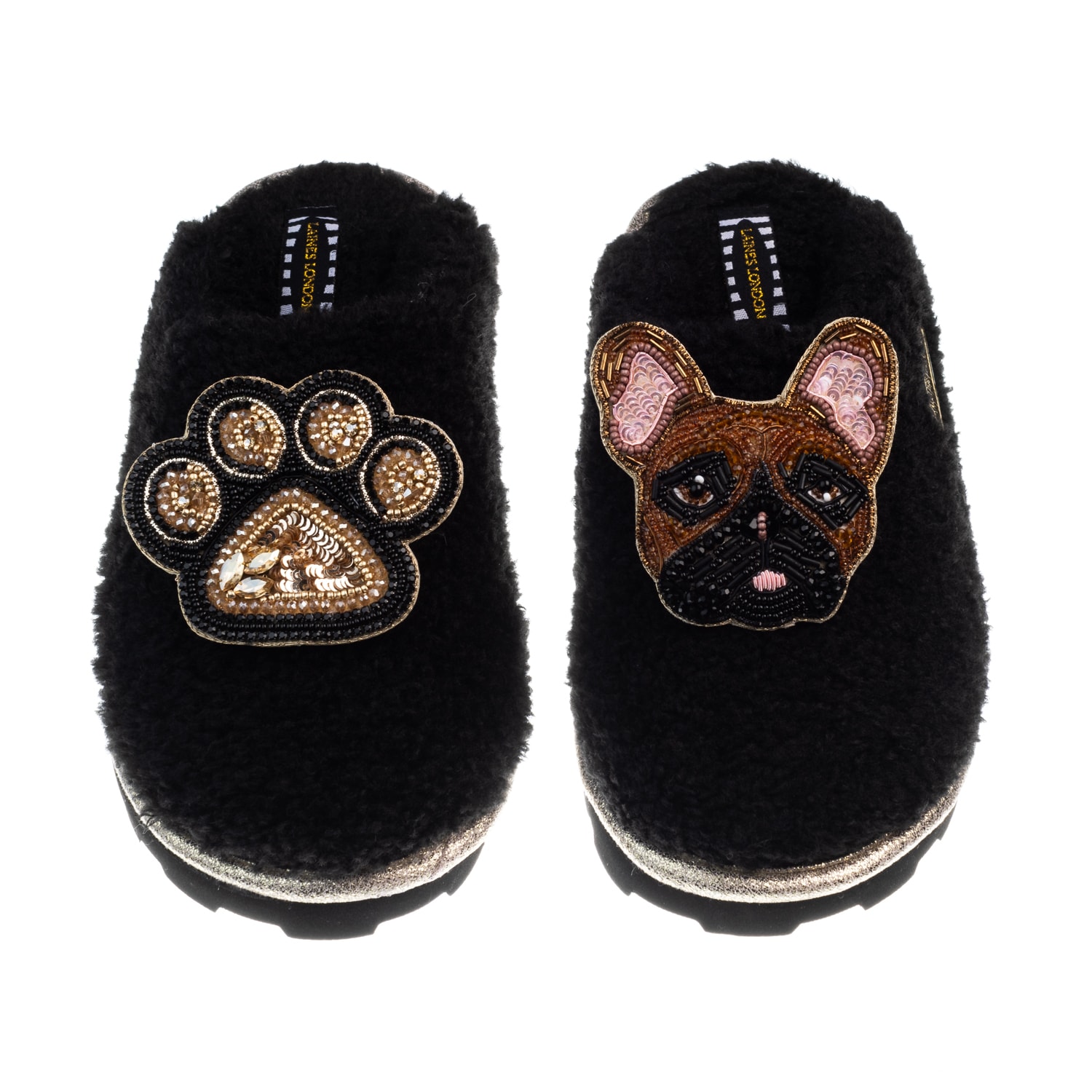 Laines London Women's Teddy Closed Toe Slippers With Cookie The Frenchie & Paw Brooches - Black