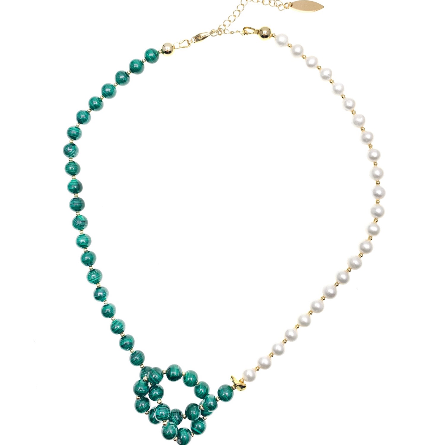 Farra Women's Green Malachite With Freshwater Pearl Knotted Necklace