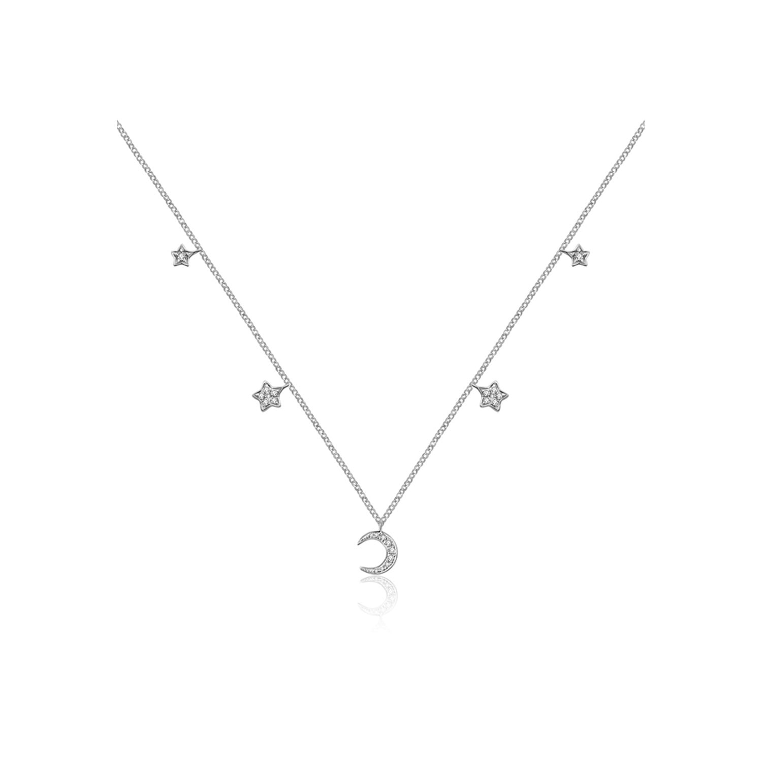 Women’s 18K White Gold Moon & Star Shape Diamond Necklace Choker Genevieve Collection