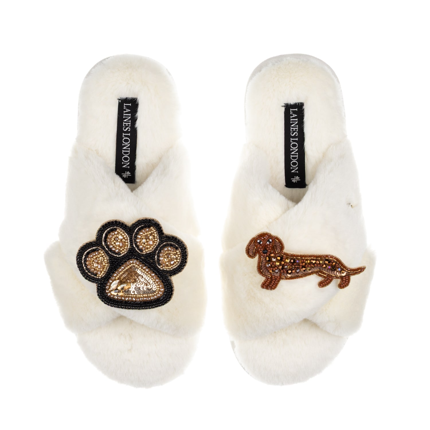 Laines London Women's Neutrals / White Classic Laines Slippers With Paw & Red Dachshund Brooches - Cream In White