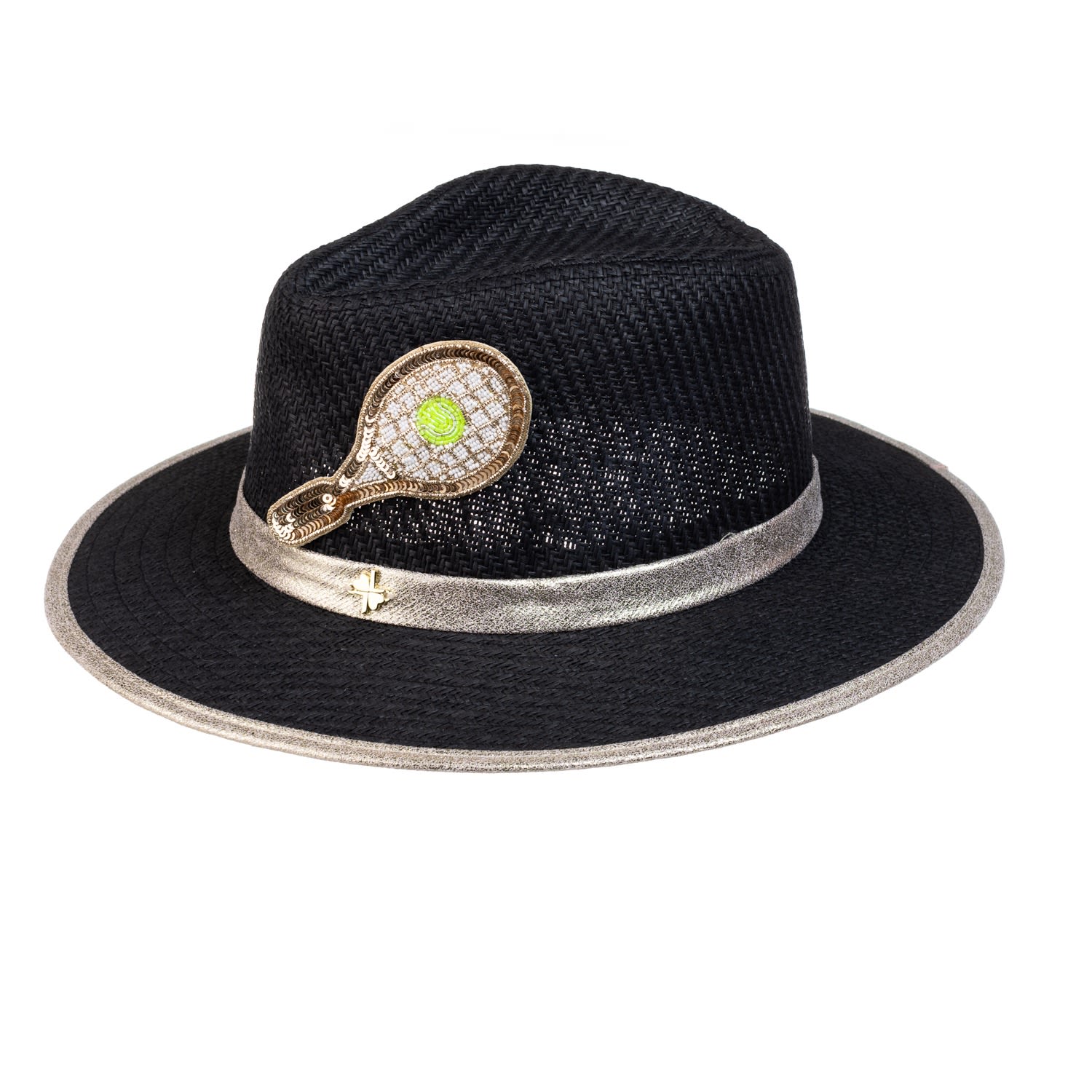 Women’s Straw Woven Hat With Embellished Tennis Racket Brooch - Black One Size Laines London