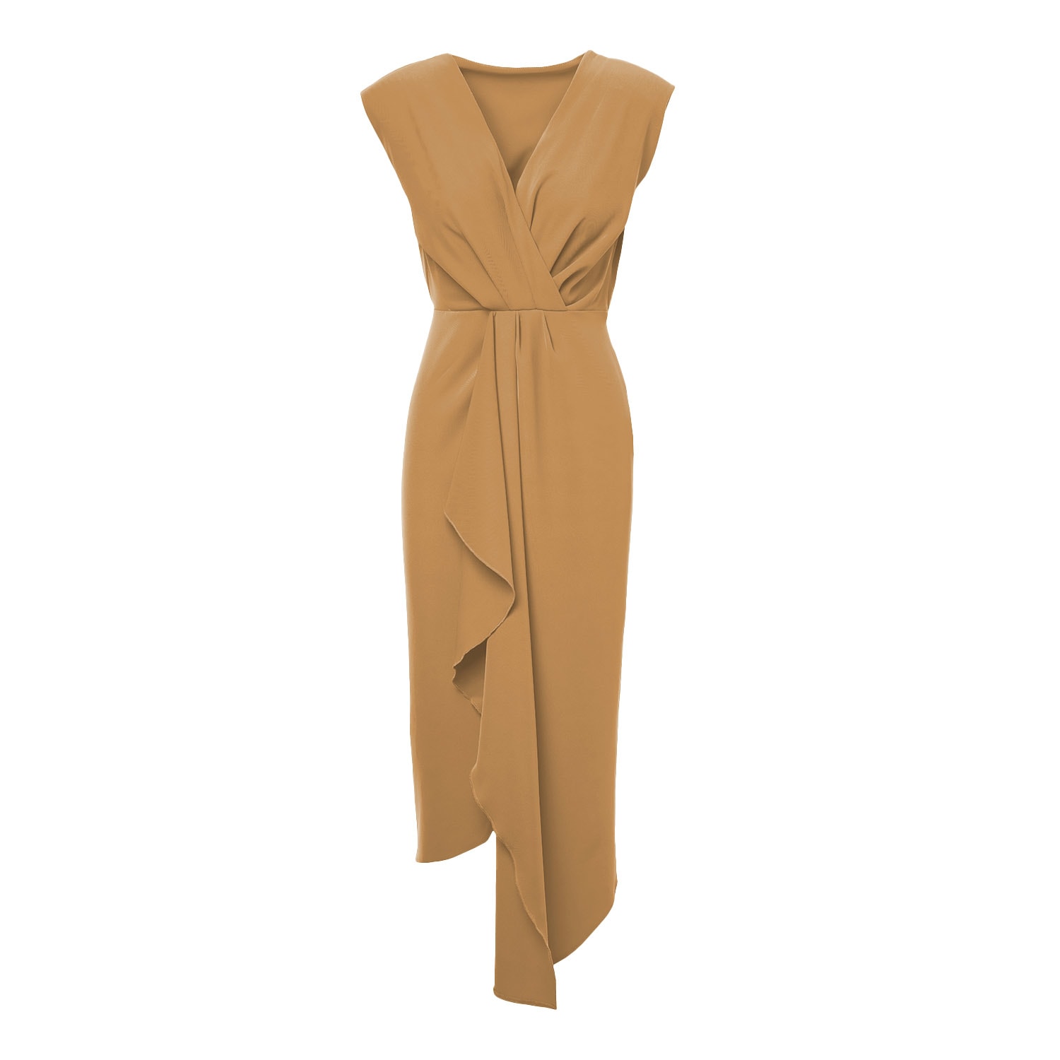 Bluzat Women's Brown Camel Midi Dress With Draping And Pleats In Brown