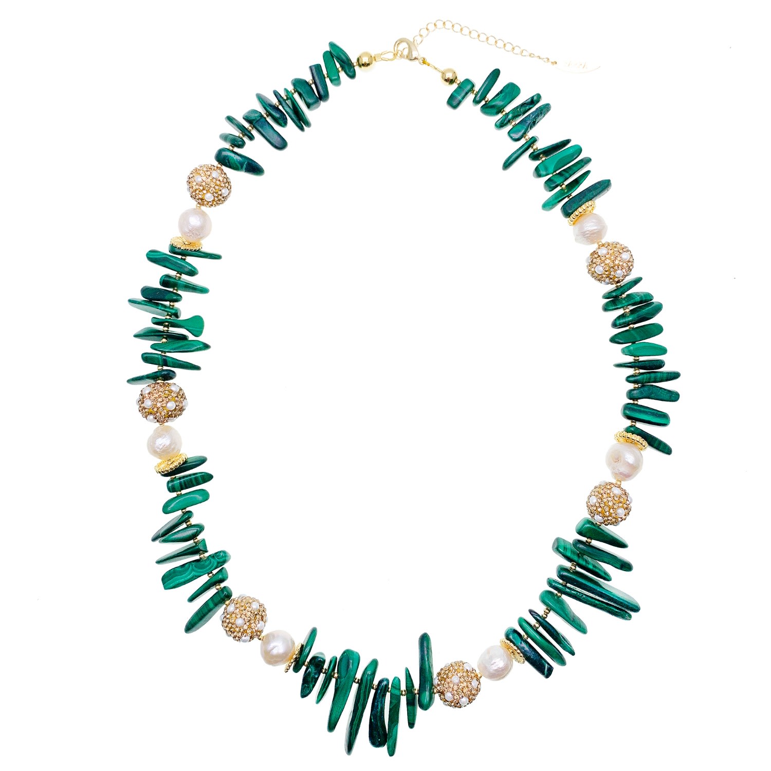 Women’s Gold / Green Malachite With Freshwater Pearls And Rhinestones Statement Necklace Farra