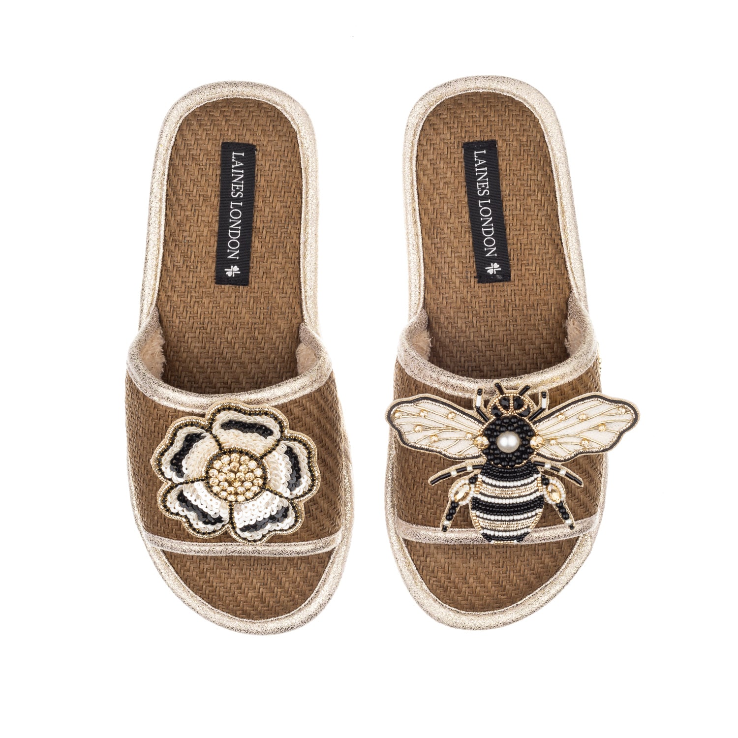 Women’s Brown Straw Braided Sandals With Handmade Cream & Gold Bee & Flower Brooches - Toffee Small Laines London