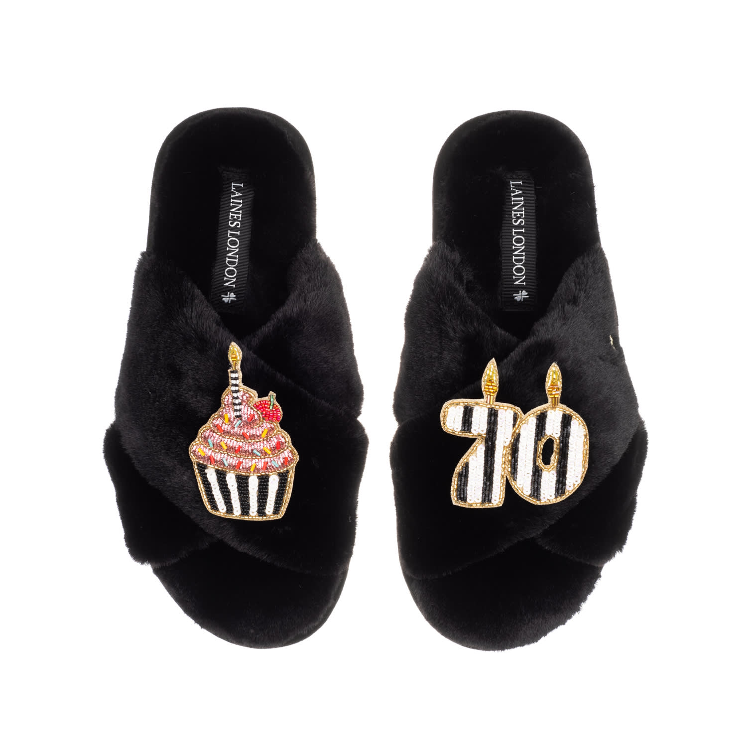 Laines London Women's Classic Laines Slippers With Stripe 70th Birthday & Cake Brooches - Black In Black