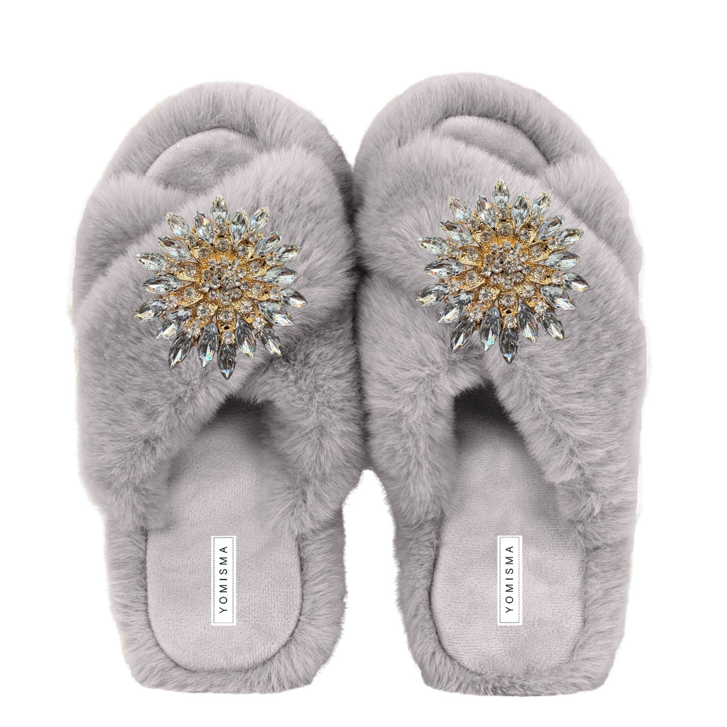 Yomisma Women's Faux Fur Slippers - Global Recycled Standard Certified With Clear Jewel Embellishments - Gre In Grey