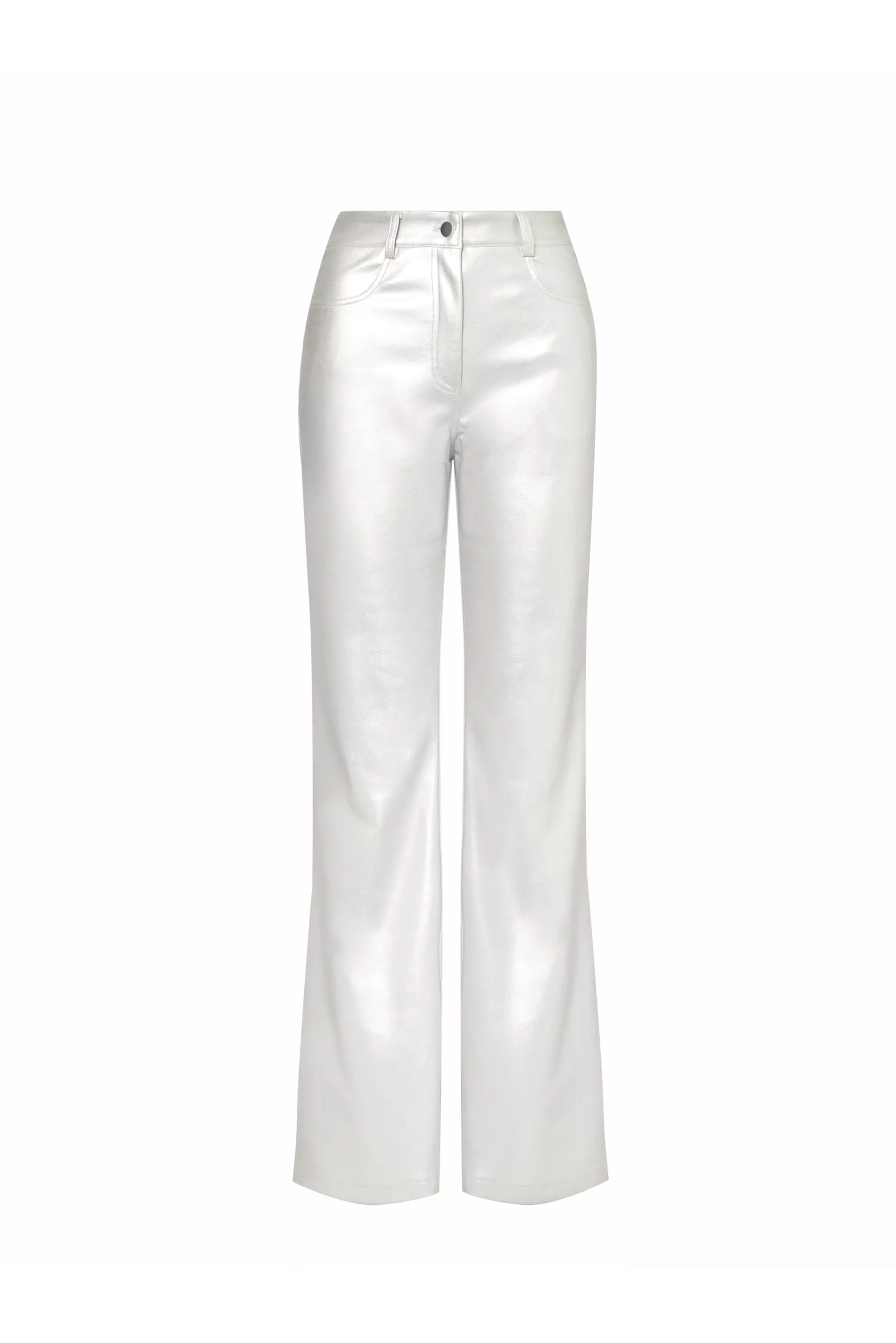 Amy Lynn Women's Lupe Silver Wide Leg Metallic Matte Leather Trousers