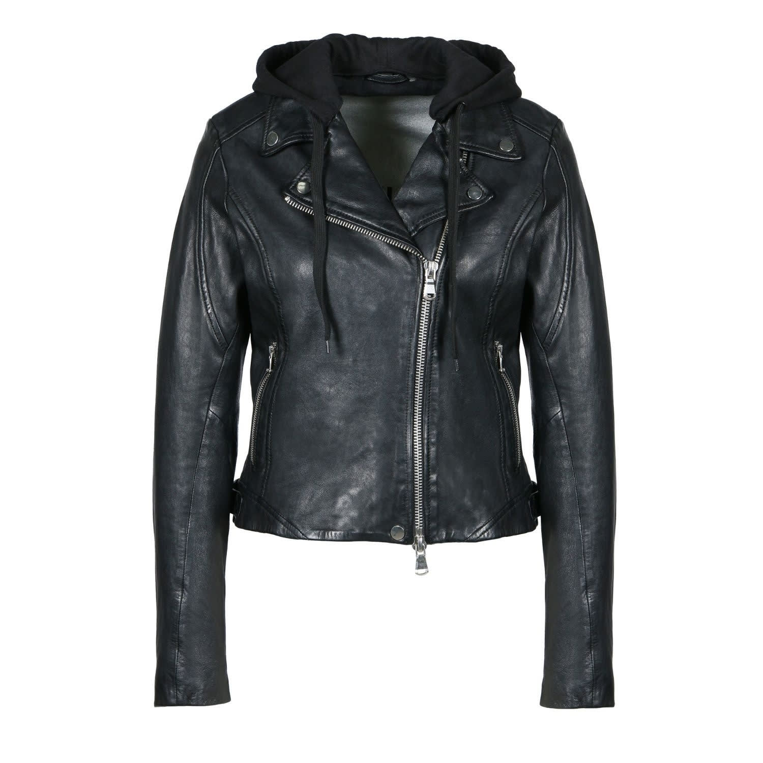 Freaky Nation Women's Black Leather Biker Jacket With Hood In Black