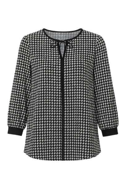 Conquista Women's Black Long Sleeve Print Top With Tie & Cuff Detail In Black
