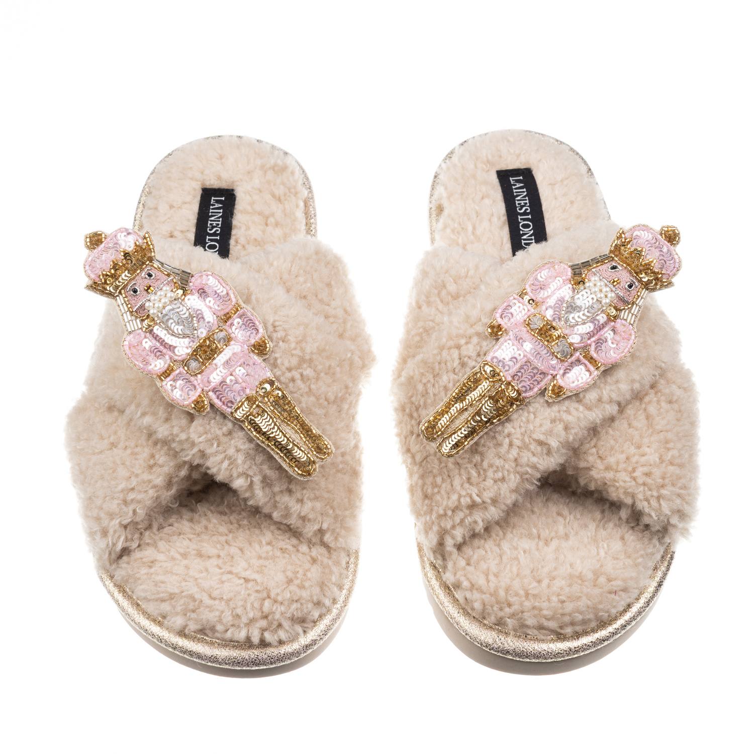 Laines London Women's Brown / Neutrals Laines Boucle Slippers With Double Pink Grand Nutcrackers Brooches - Oatmea In Neutral