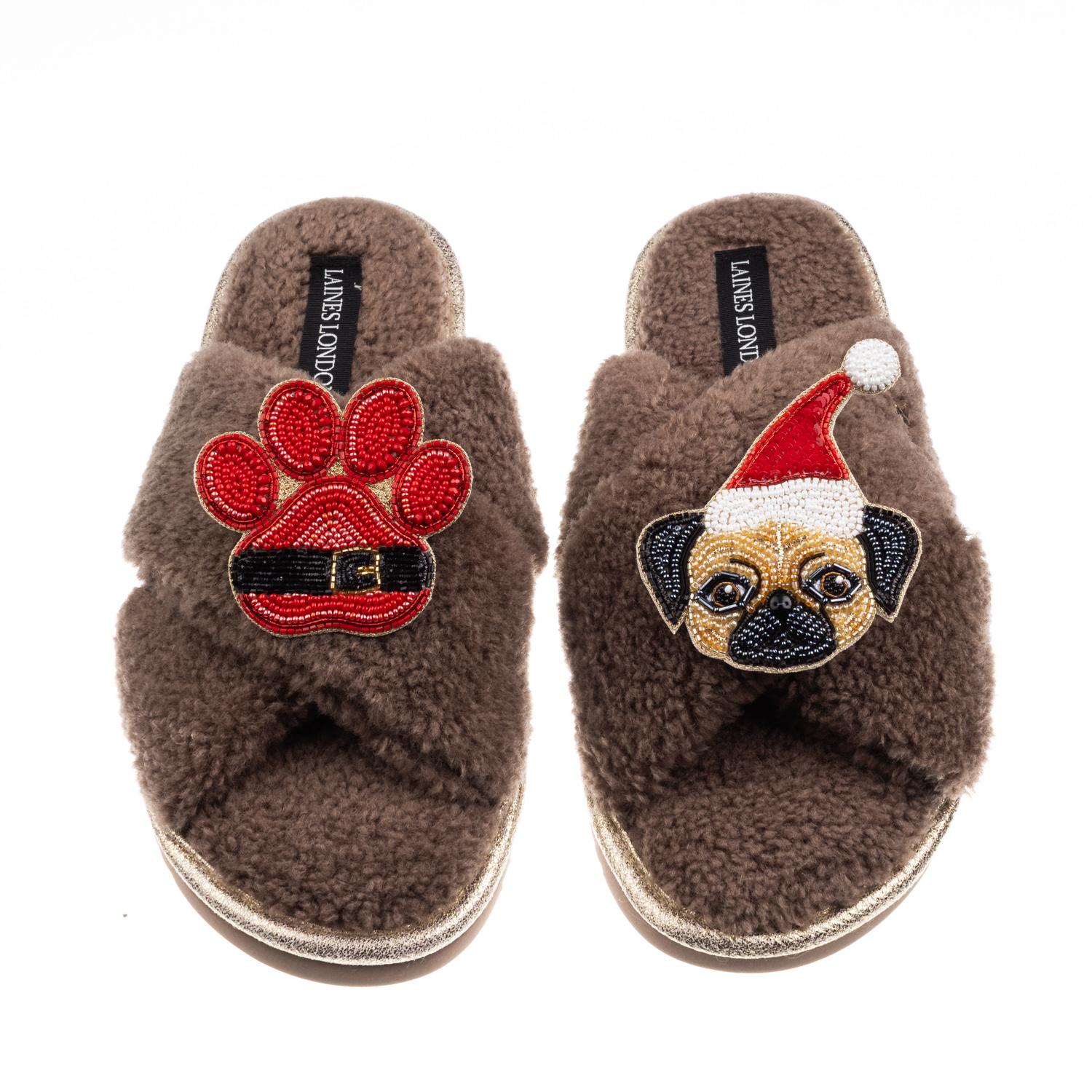 Laines London Women's Brown / Neutrals Laines Boucle Slippers With Christmas Fawn Pug & Paw Brooches - Mink In Brown