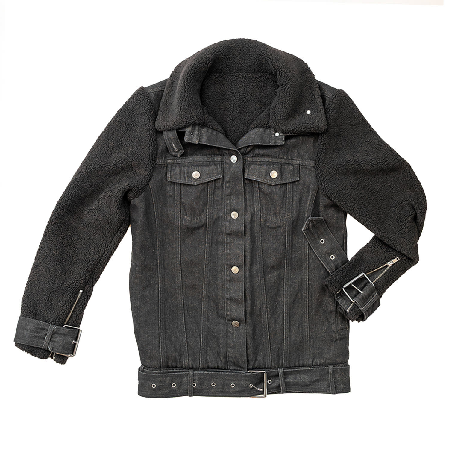 Circular Path Women's Teddy Denim Moto Jacket - Black Gunmetal