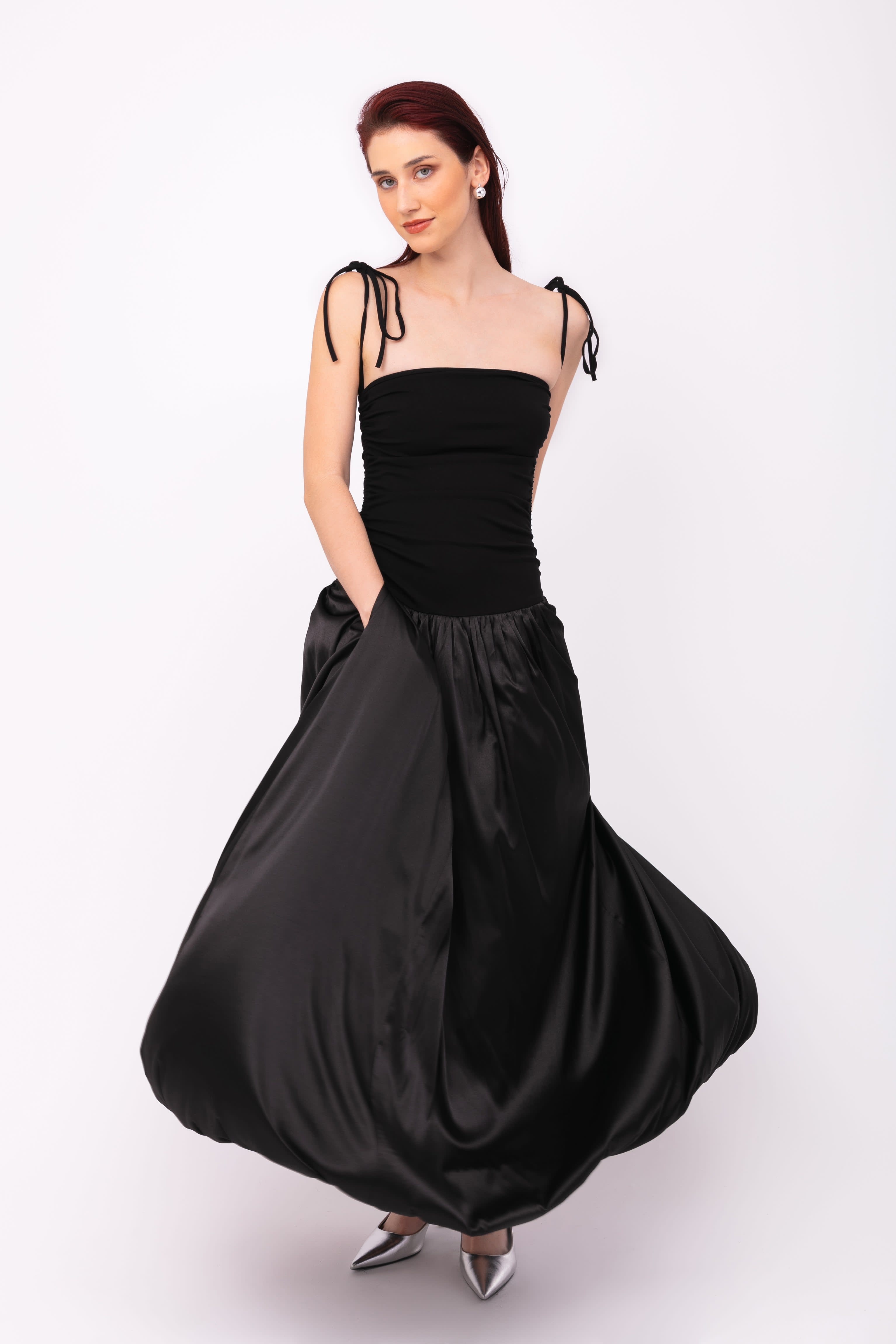 satin puffball dress Bramble | Black Satin Square-Neck Puffball Mini Dress