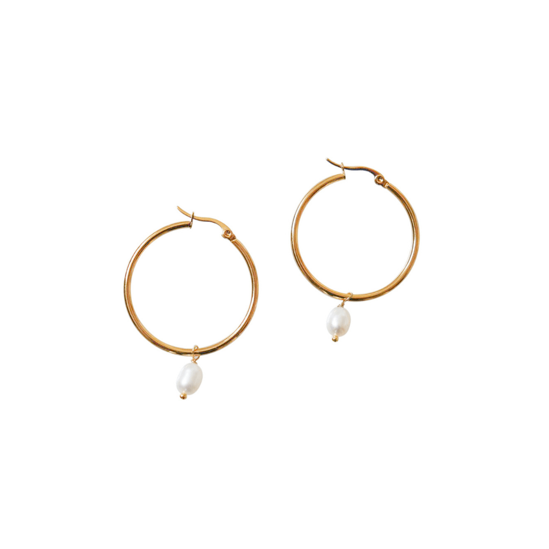 Women’s Gold / White Steel Me Yellow Gold Round Hoop & Pearl Earrings Fv Jewellery