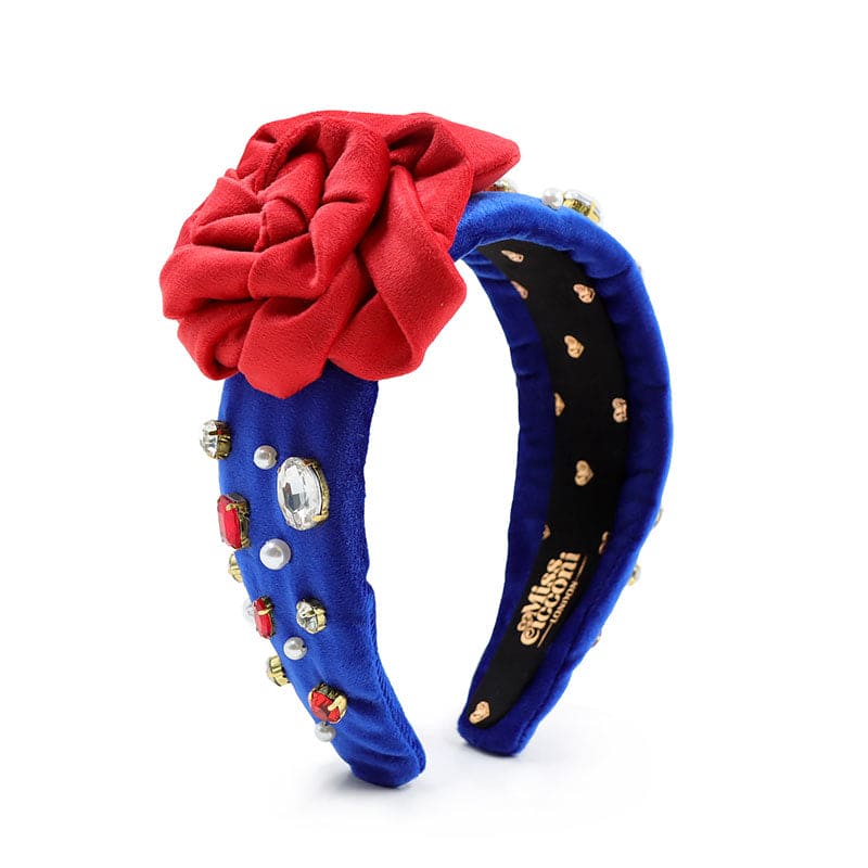 Women's Blue / Red The Elizabeth - Blue & Red Union Jack Velvet, Embellished With Big Side Red Rose Headband | Miss Cicconi