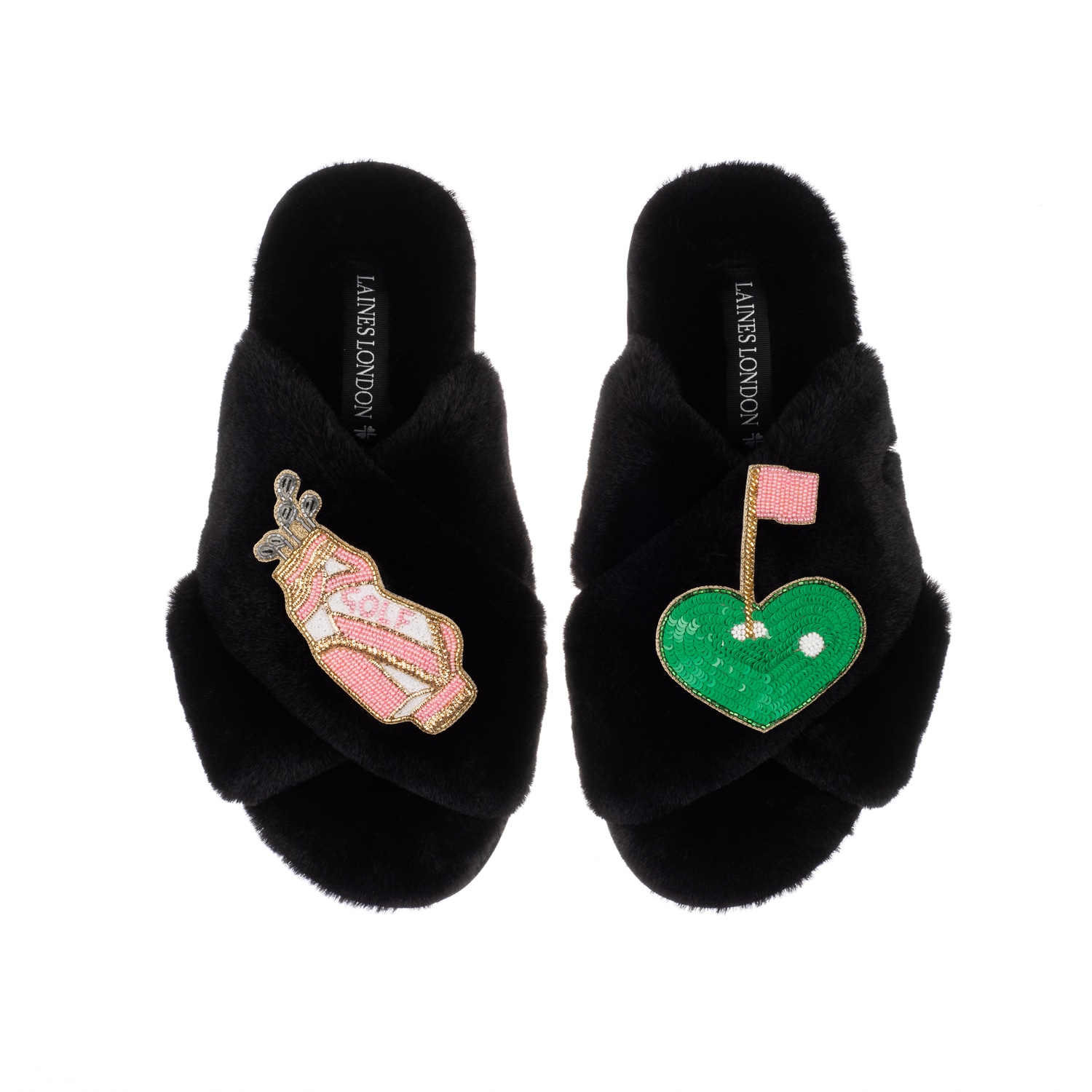 Laines London Women's Classic Laines Slippers With Golf Lover Brooches - Black In Black