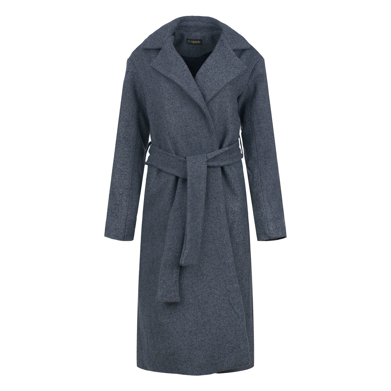 Conquista Women's Grey Charcoal Wool-cotton Blend Coat With Shawl Collar & Elegant Belt In Gray