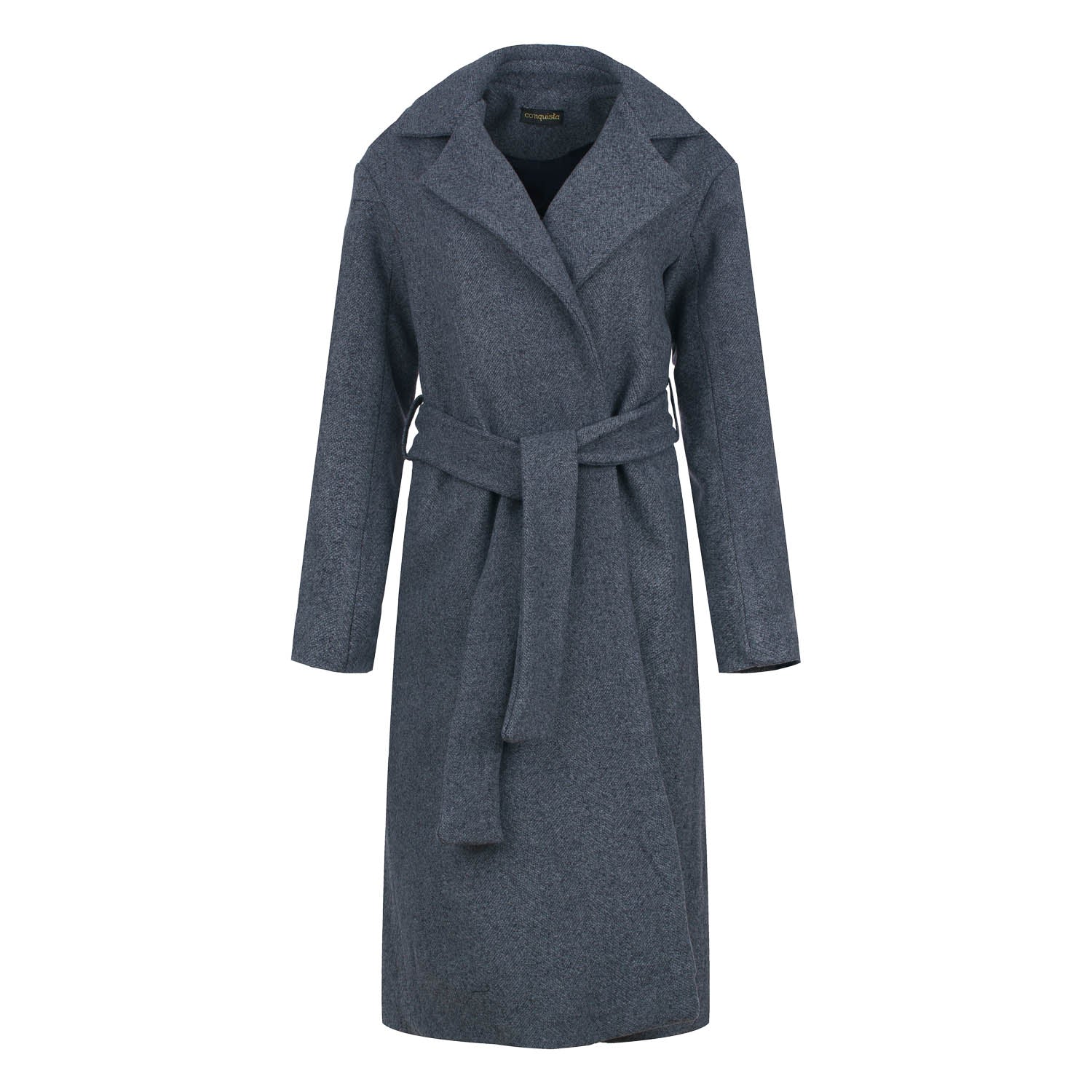Conquista Women's Grey Charcoal Wool-cotton Blend Coat With Shawl Collar & Elegant Belt In Grey