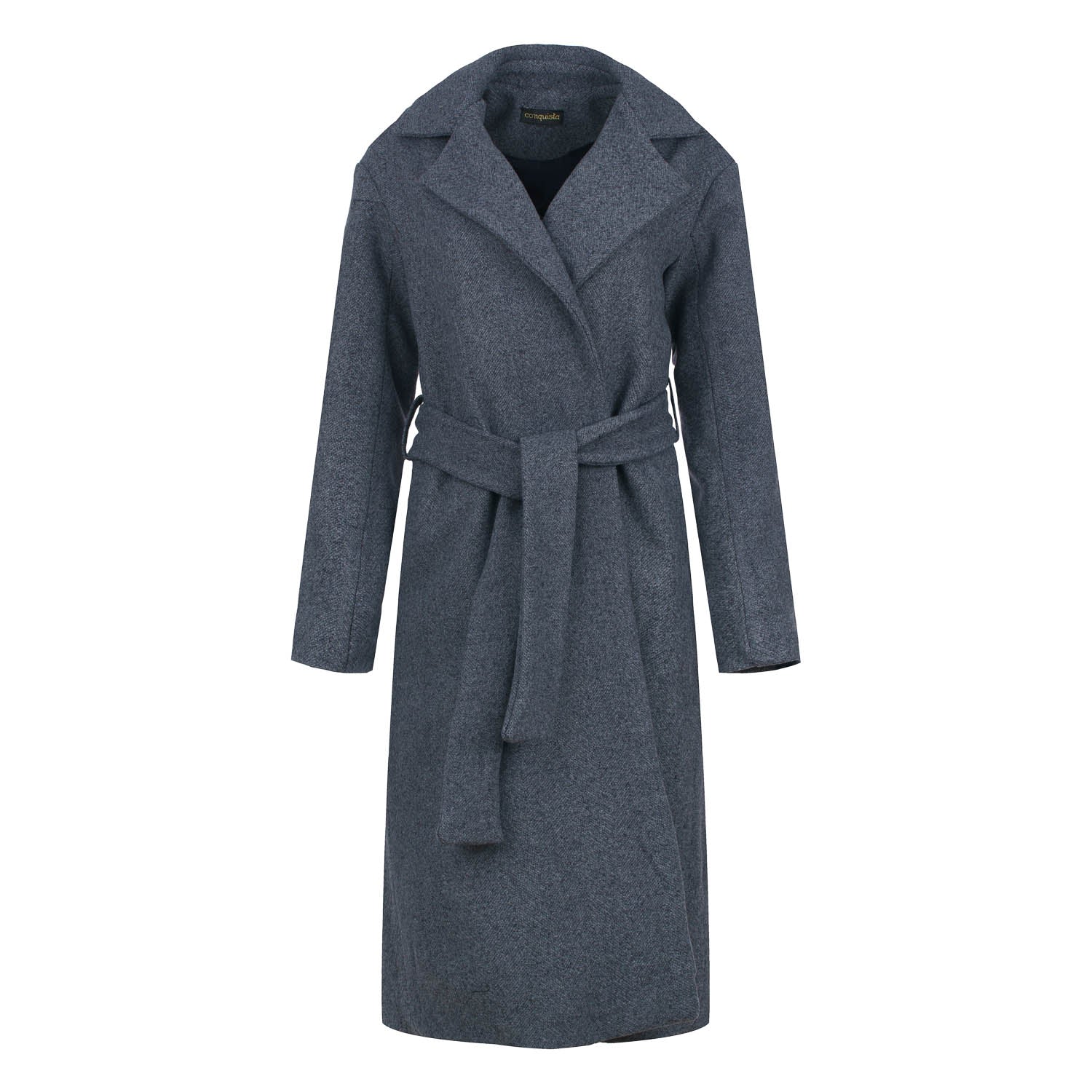 Women’s Grey Charcoal Wool-Cotton Blend Coat With Shawl Collar & Elegant Belt Medium Conquista