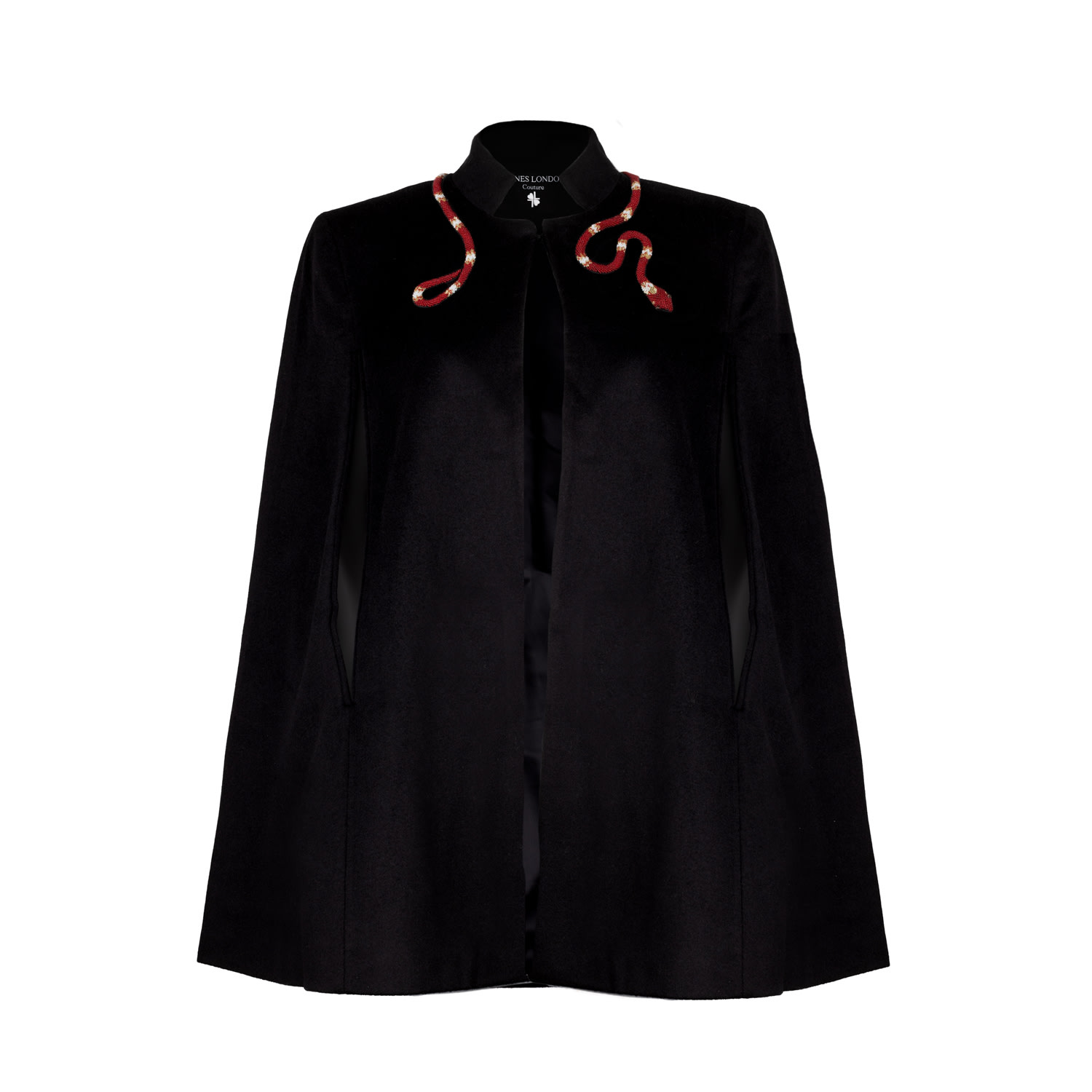 Laines London Women's Laines Couture Wool Blend Cape With Embellished Wrap Around Red Snake - Black In Black