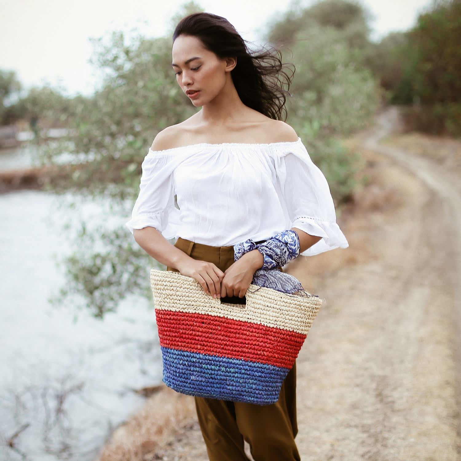 Sayan Raffia Tote Bag In Red & Blue | Brunna.Co | Wolf & Badger